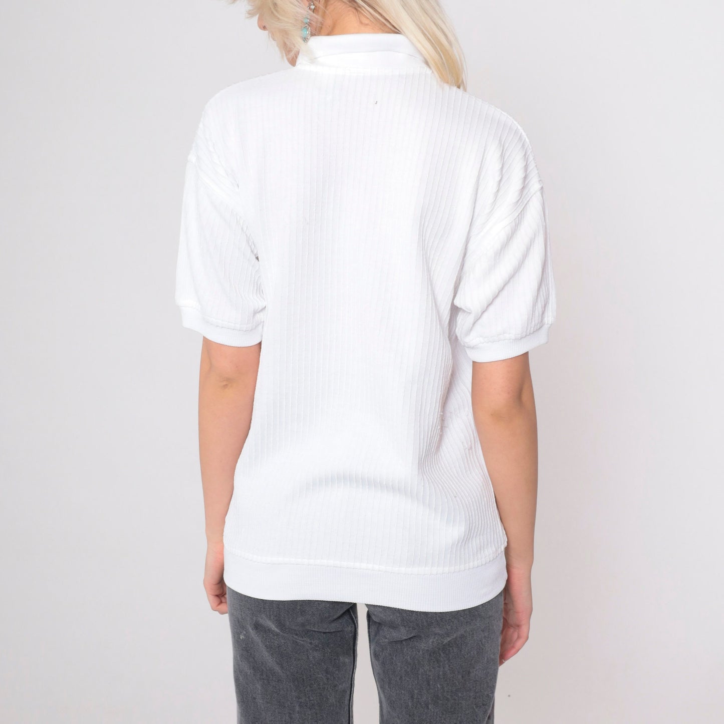 80s White Ribbed Polo Shirt Button Up Chest Pocket Collared Medium