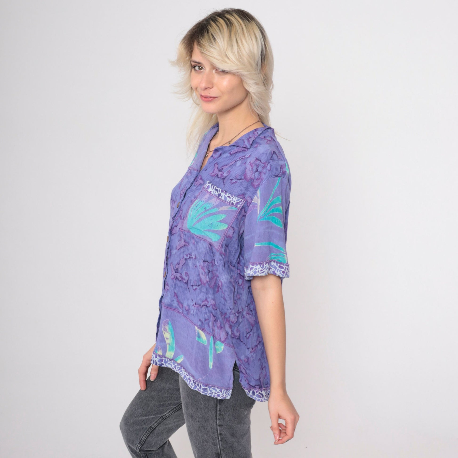 90s Tie Dye Button Up Shirt Purple Abstract Floral Rayon Medium
