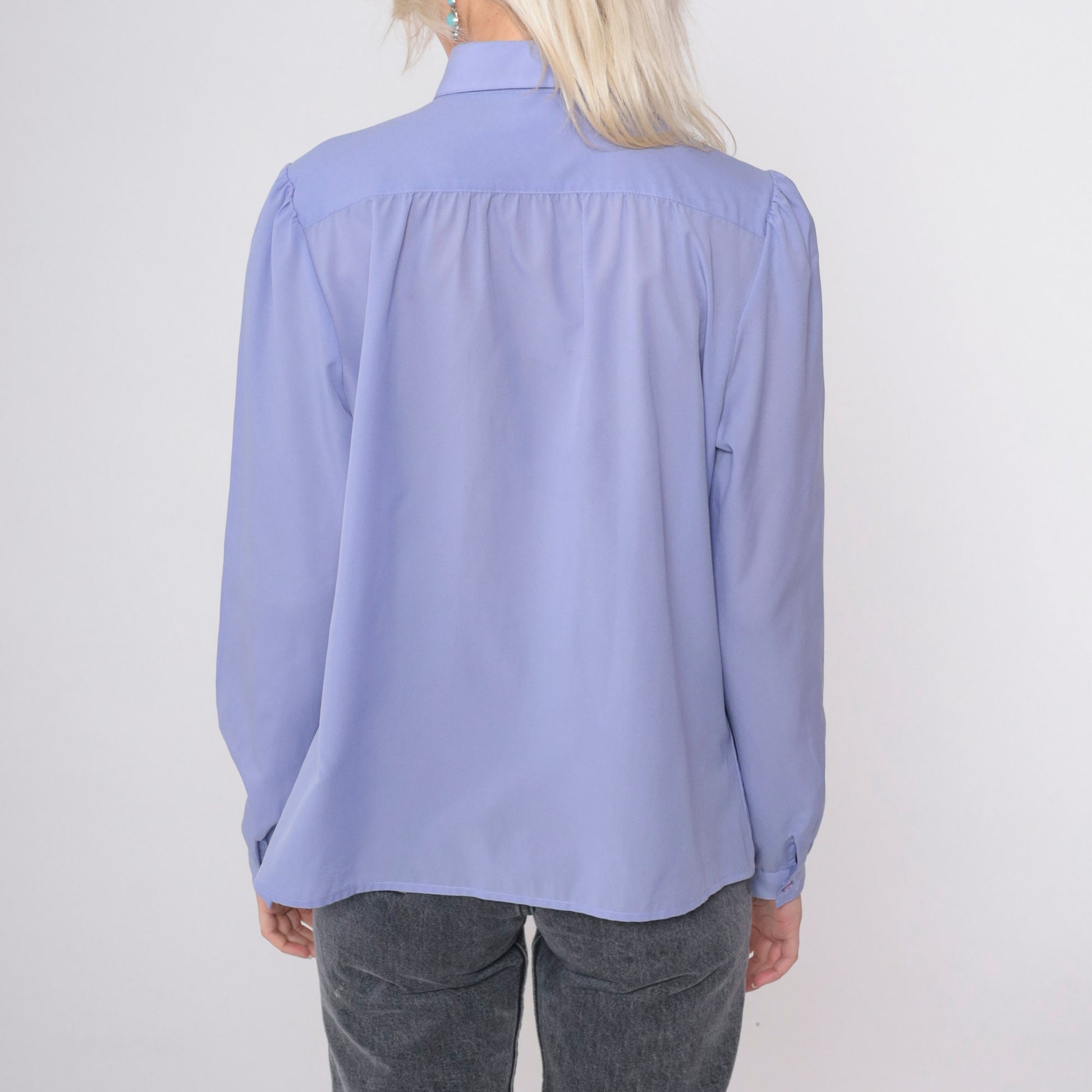80s Periwinkle Puff Sleeve Button-Up Blouse Collared Shirt Large 14