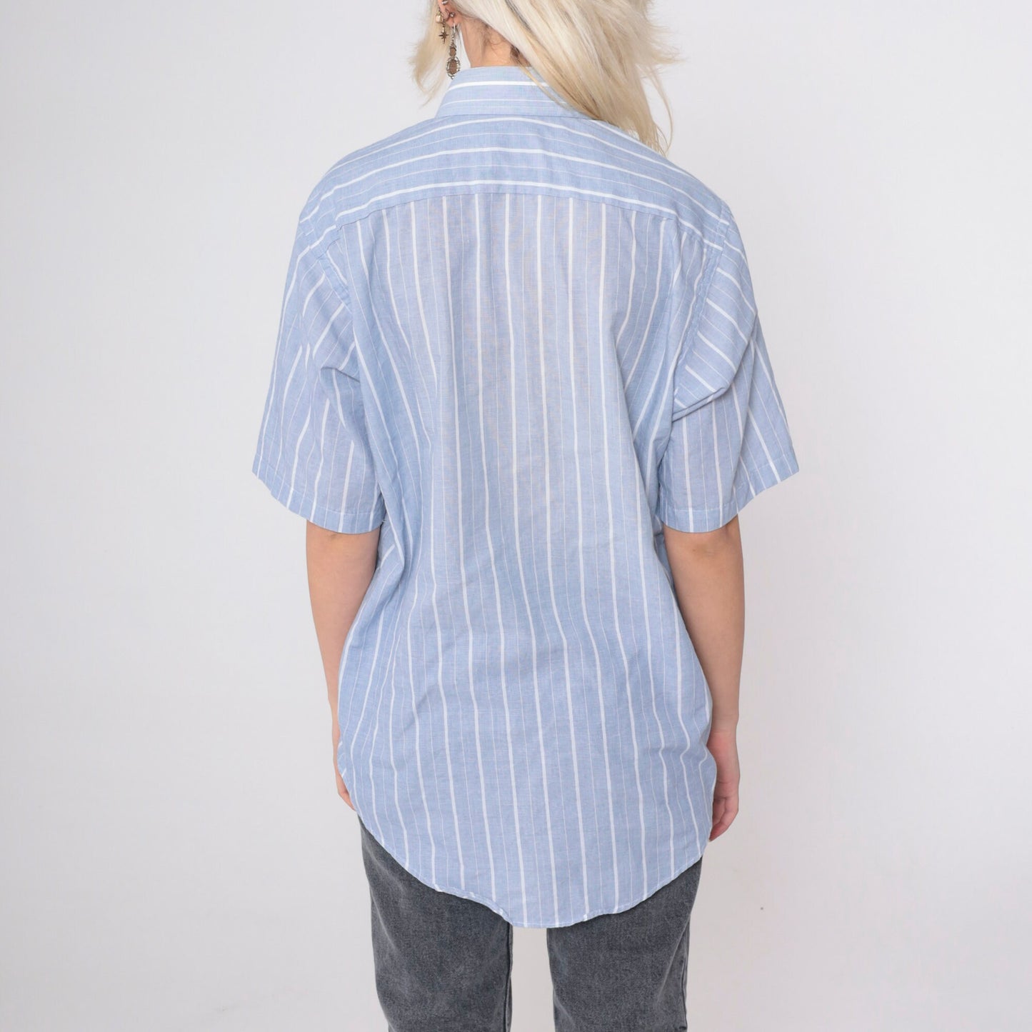 80s Golden Needle Blue Striped Button-Up Shirt Cotton Blend Short Sleeve Medium