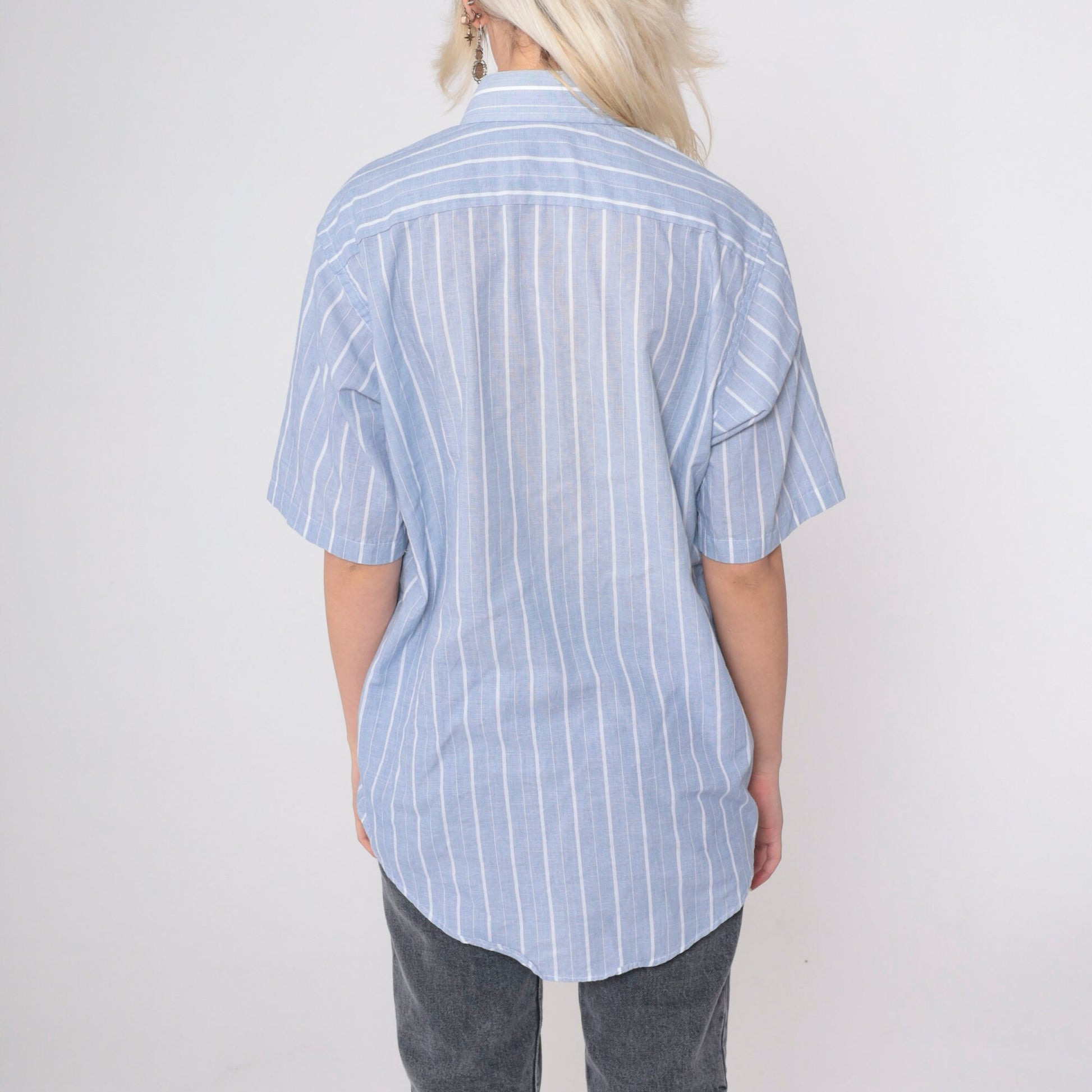 80s Golden Needle Blue Striped Button-Up Shirt Cotton Blend Short Sleeve Medium