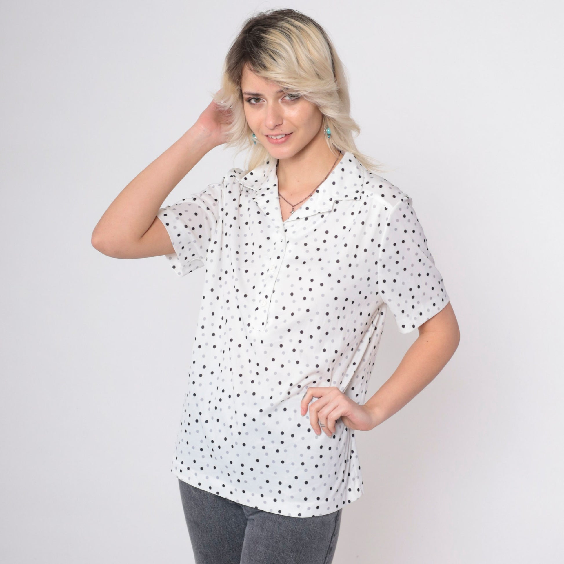 70s Polka Dot Button-Up Blouse White Black Grey Short Sleeve Medium