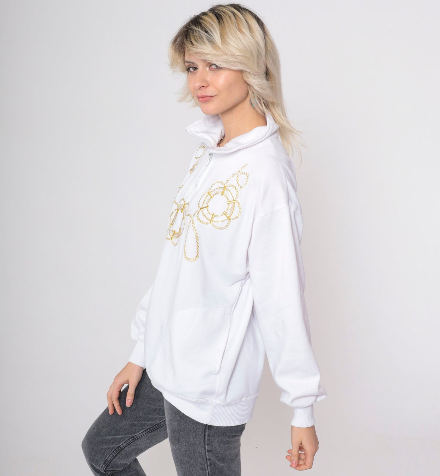 90s Sailor Sweatshirt White Gold Embroidered Lifebuoy Quarter Zip Medium