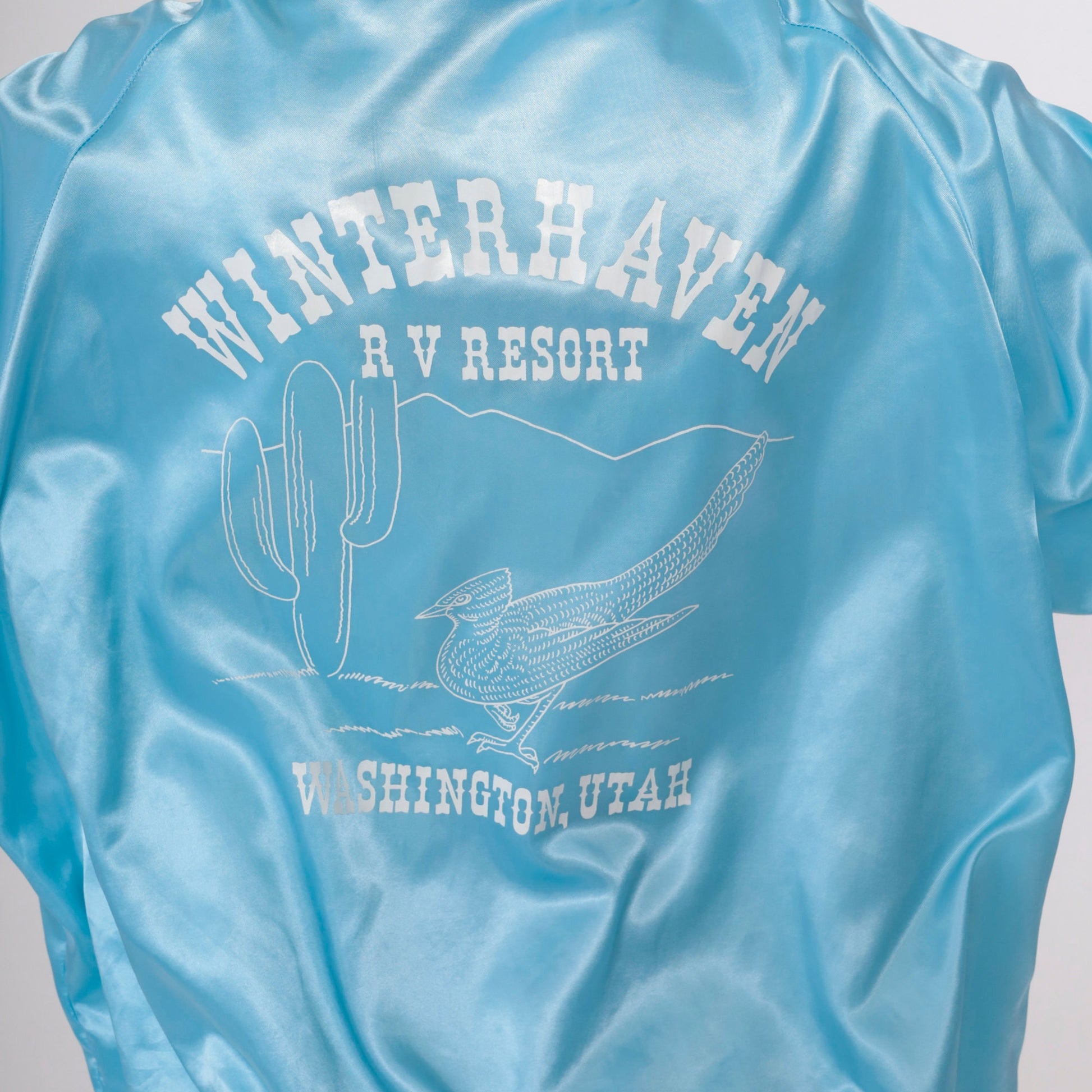 80s Winterhaven RV Resort Satin Bomber Jacket Baby Blue Roadrunner Extra Large