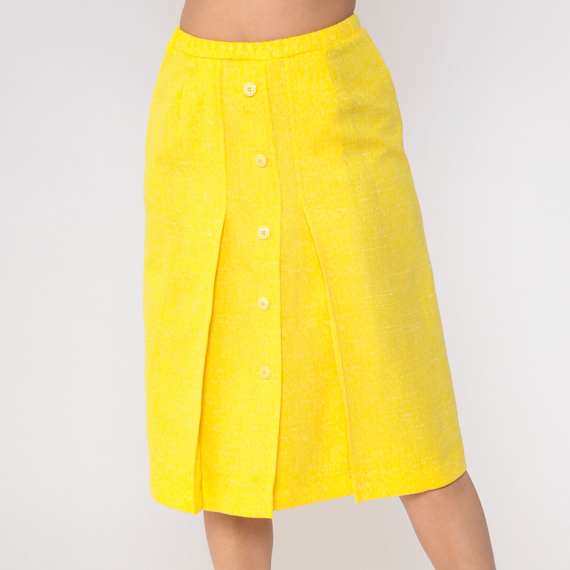 70s Yellow Midi Skirt Button Front High Waist Pleated Flecked Small
