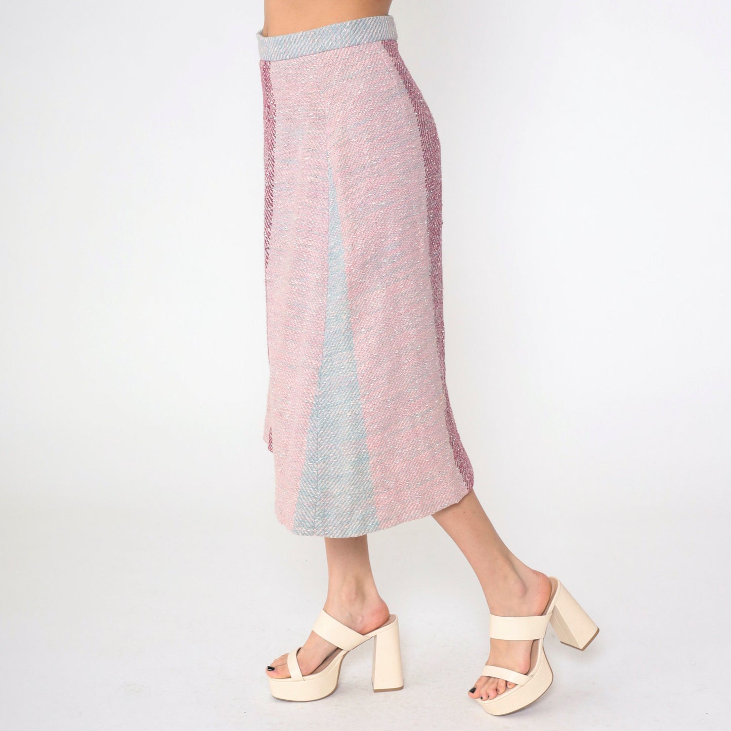 70s Striped Colour Block Midi Skirt High Waist Pink Purple Blue Medium