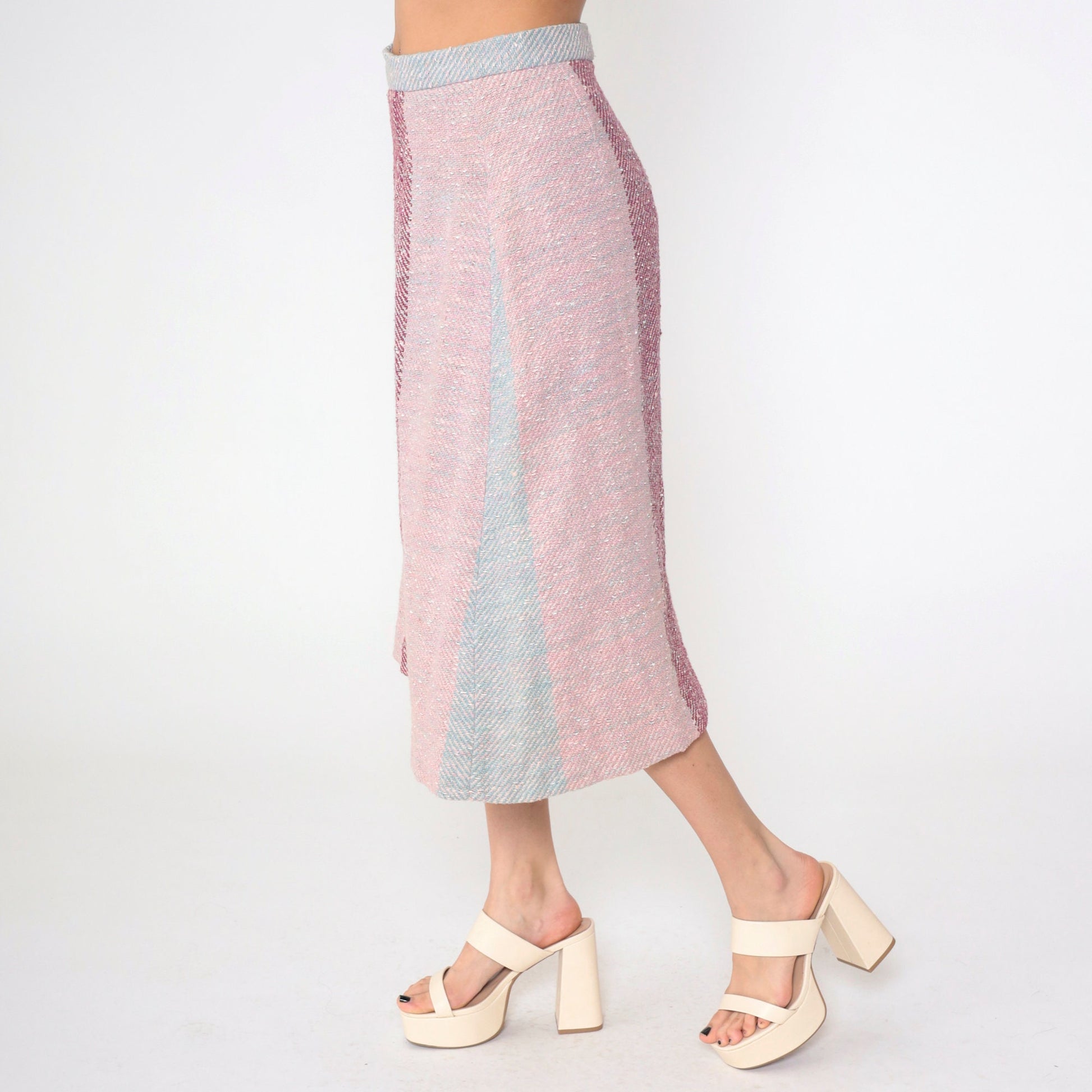 70s Striped Colour Block Midi Skirt High Waist Pink Purple Blue Medium