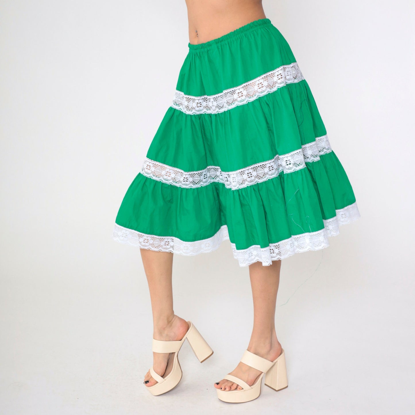 70s Green Tiered Midi Skirt Lace Trim High Waist Small