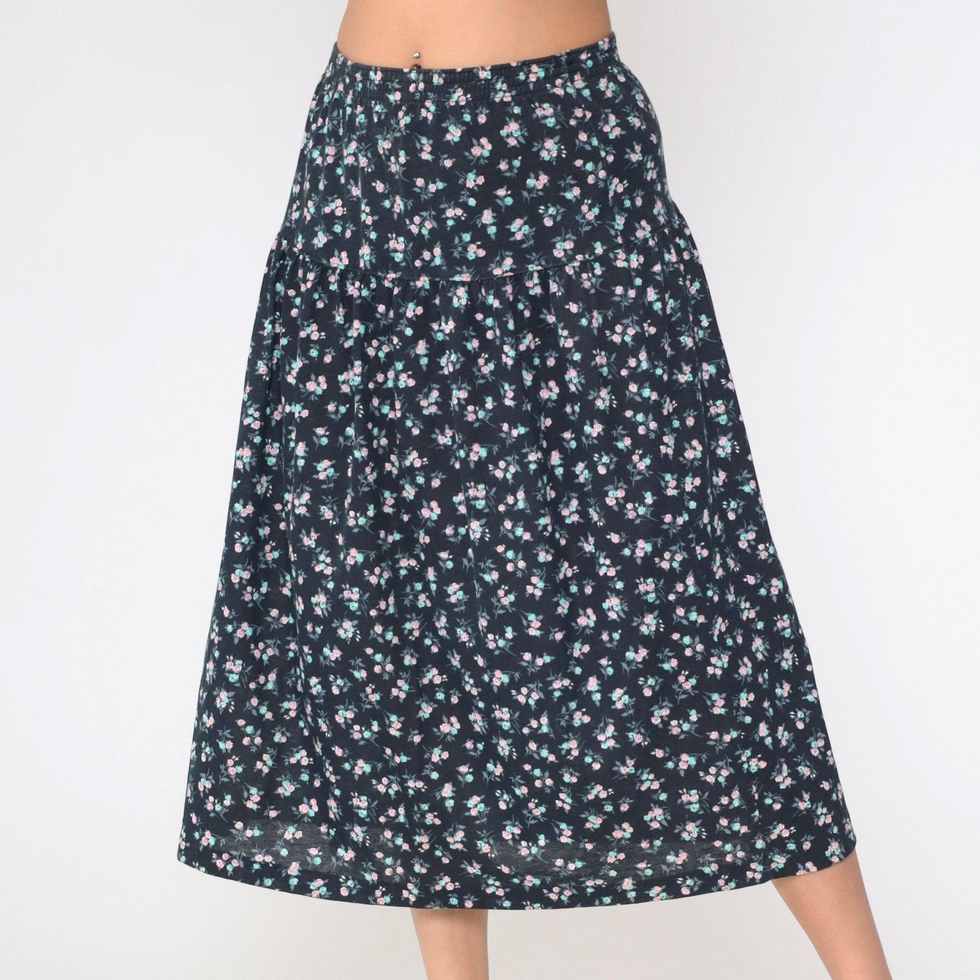 90s Black Floral Midi Skirt High Waist Yoke Calico Print Medium