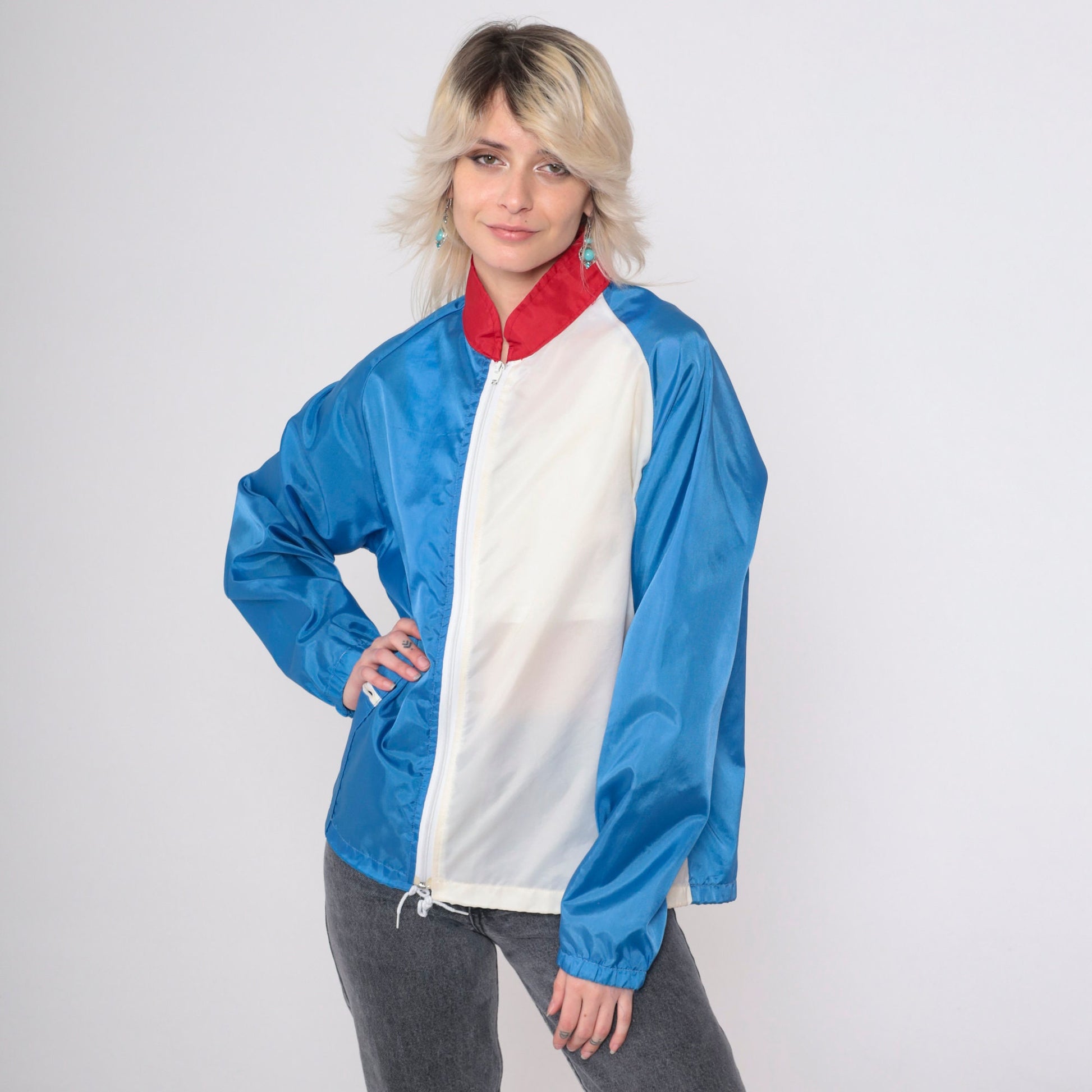 80s Baseball Windbreaker Jacket Blue White Colour Block Raglan Medium