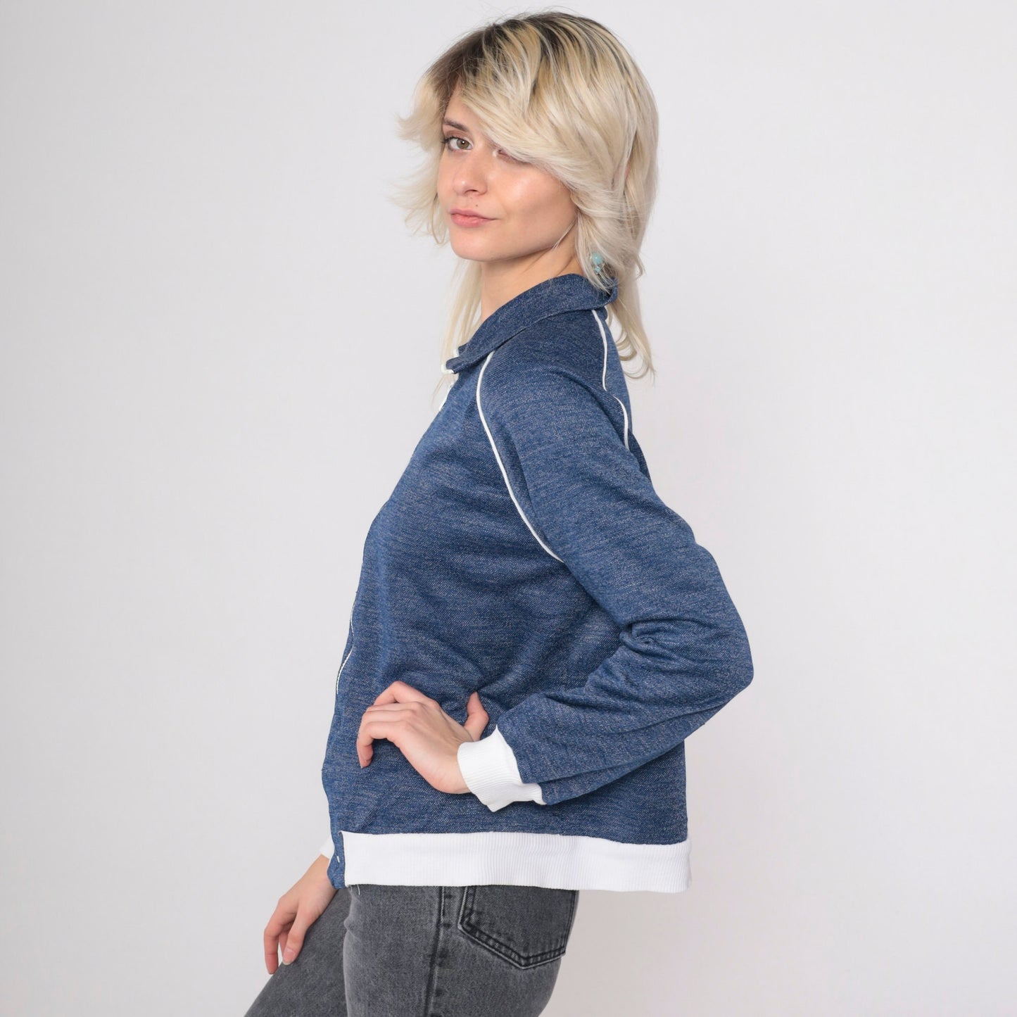 80s Heather Blue Track Jacket Zip Up Raglan Sleeve Medium