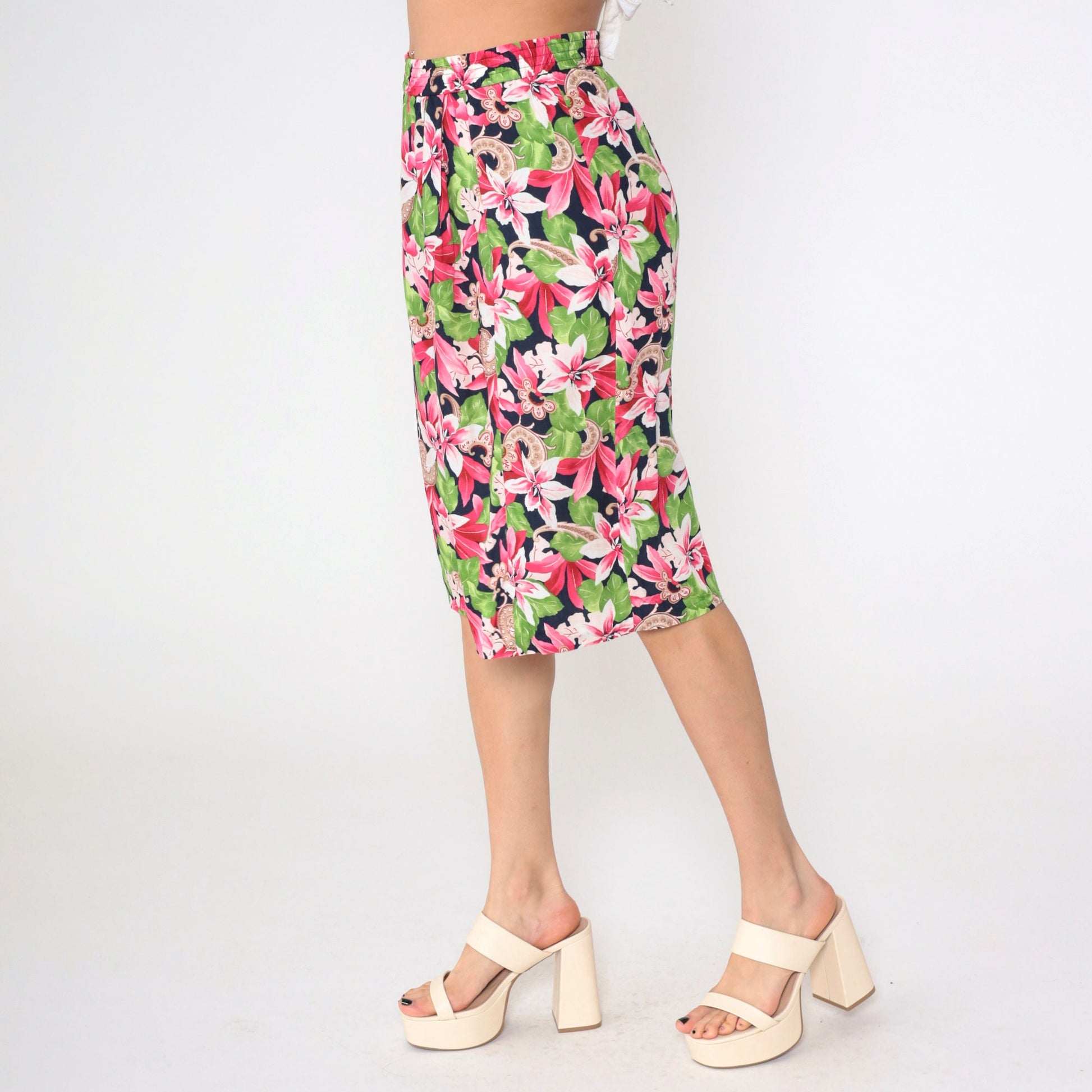 90s Evan Picone Tropical Floral Midi Skirt Navy Pleated High Waist Medium