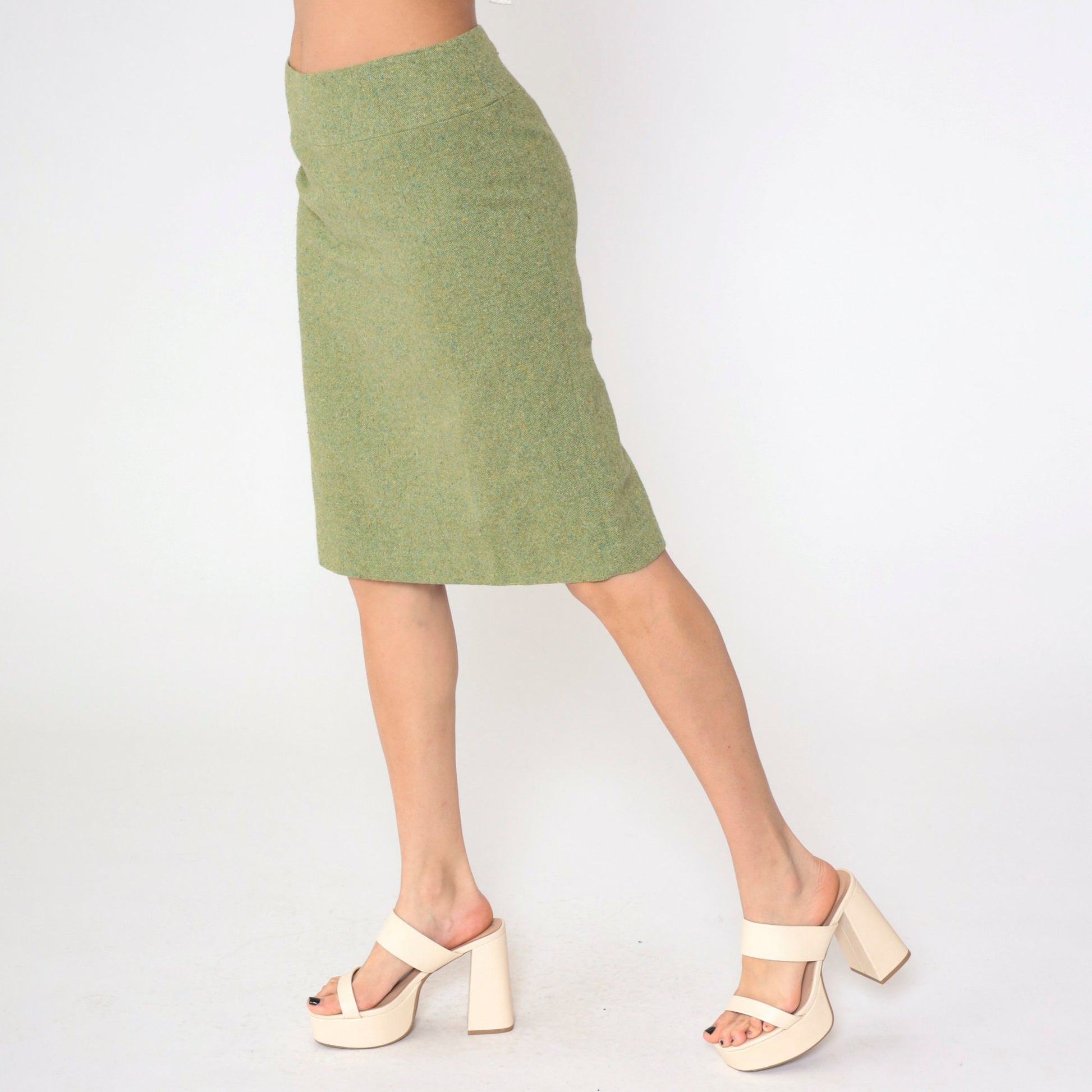 90s Ann Taylor Loft Green Wool Pencil Skirt Midi Kick Pleat Small