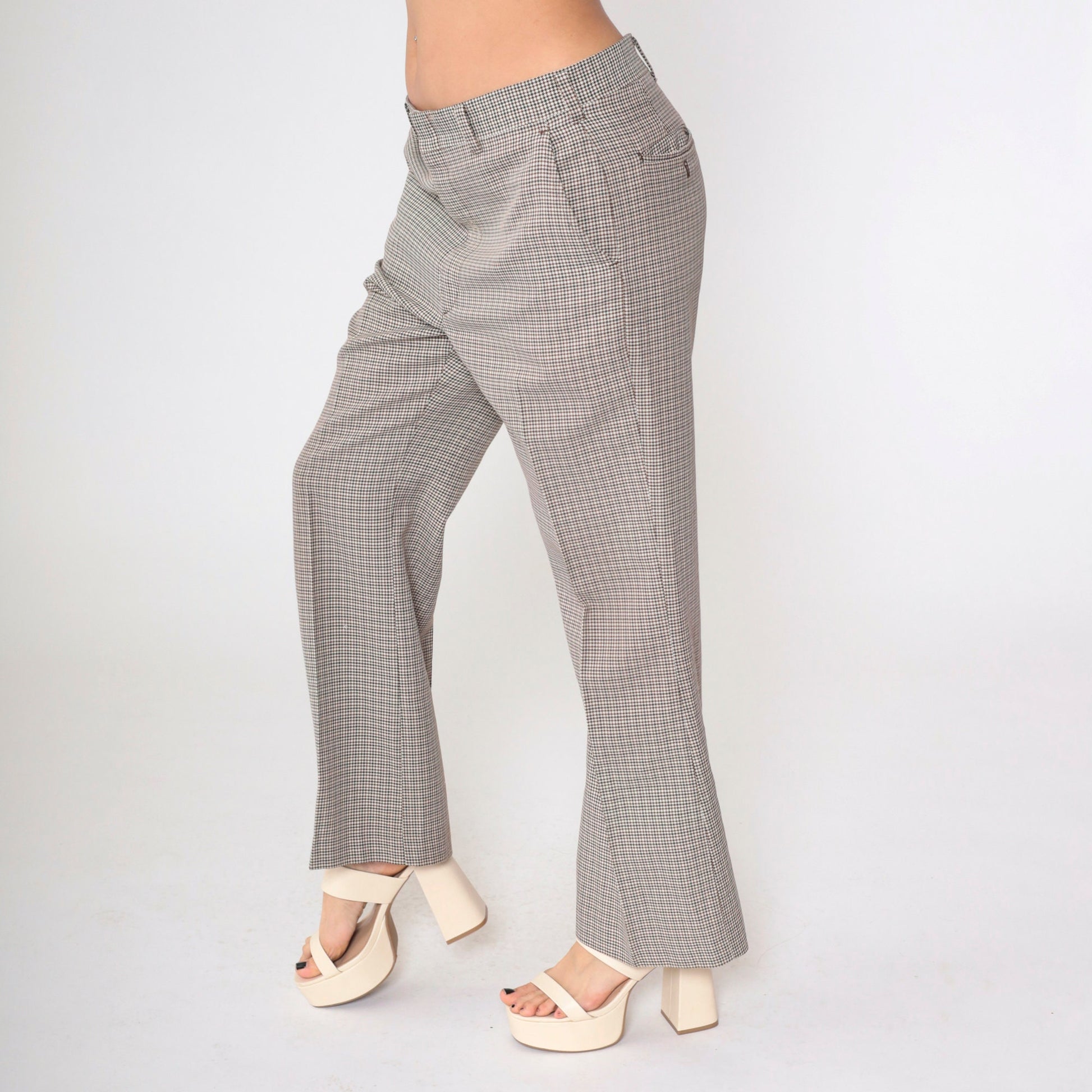 70s Haggar Houndstooth Bell Bottom Trousers Black Brown White High Waist Medium Large