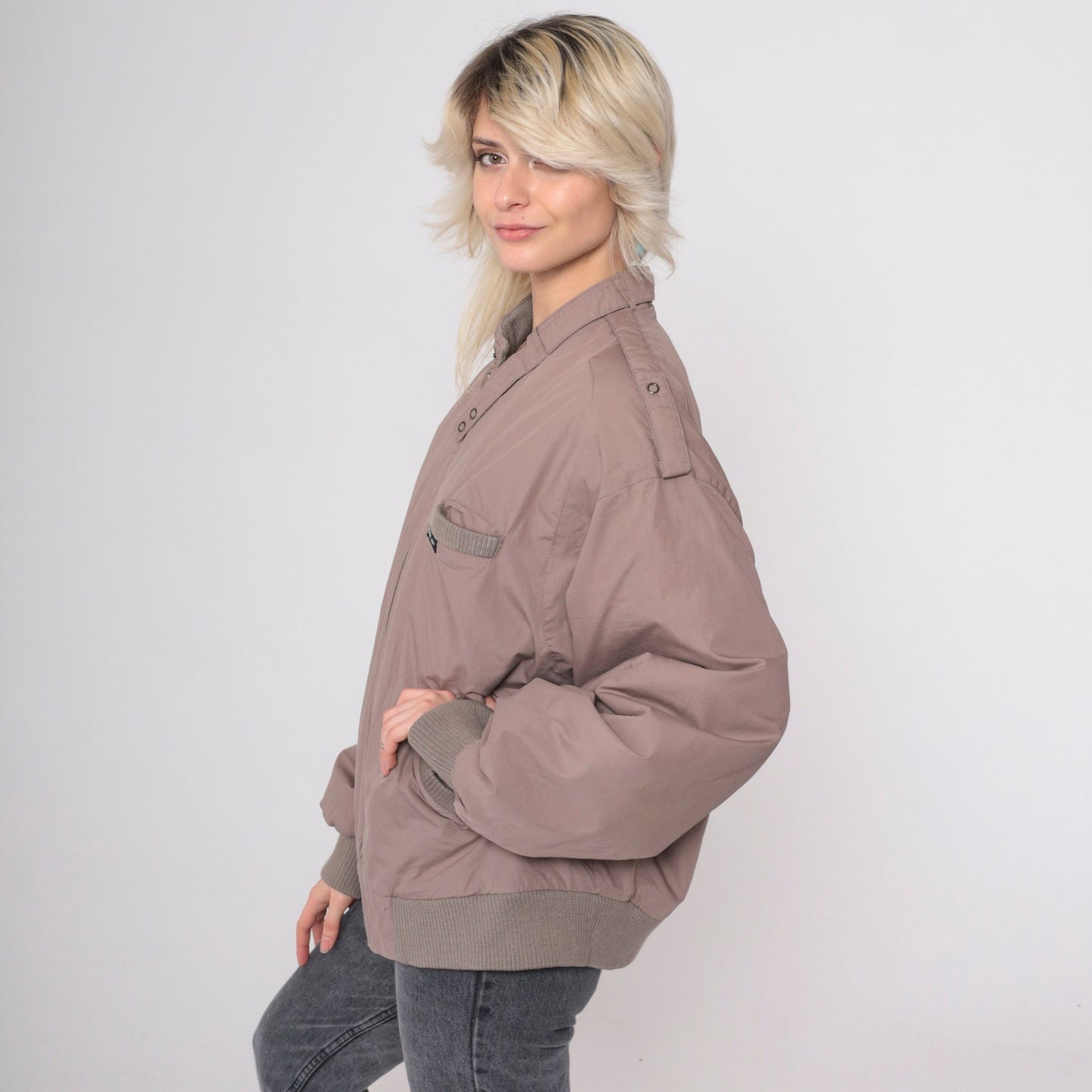 80s Members Only Brown Windbreaker Jacket Zip Epaulette Large