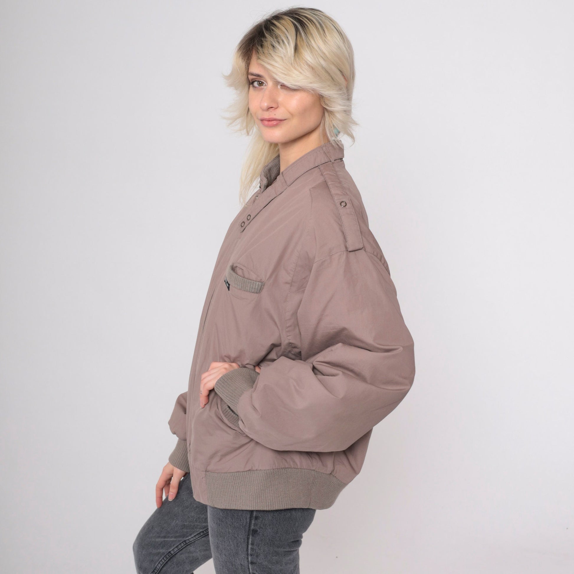 80s Members Only Brown Windbreaker Jacket Zip Epaulette Large
