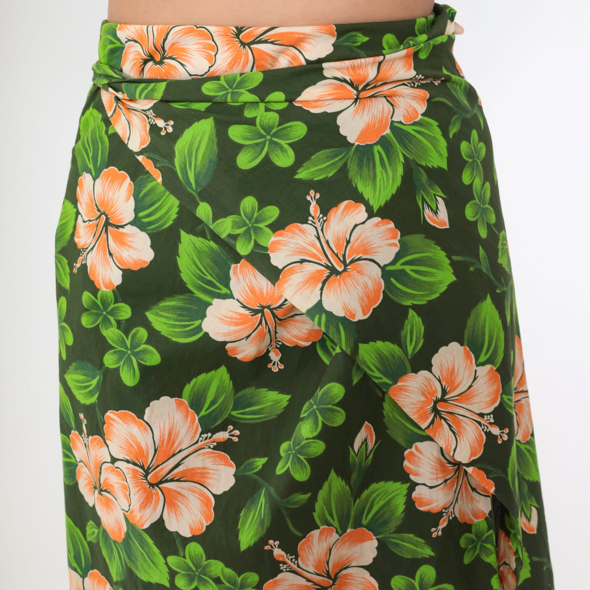 90s Hawaiian Green Floral Wrap Maxi Skirt Front Slit Sarong Small