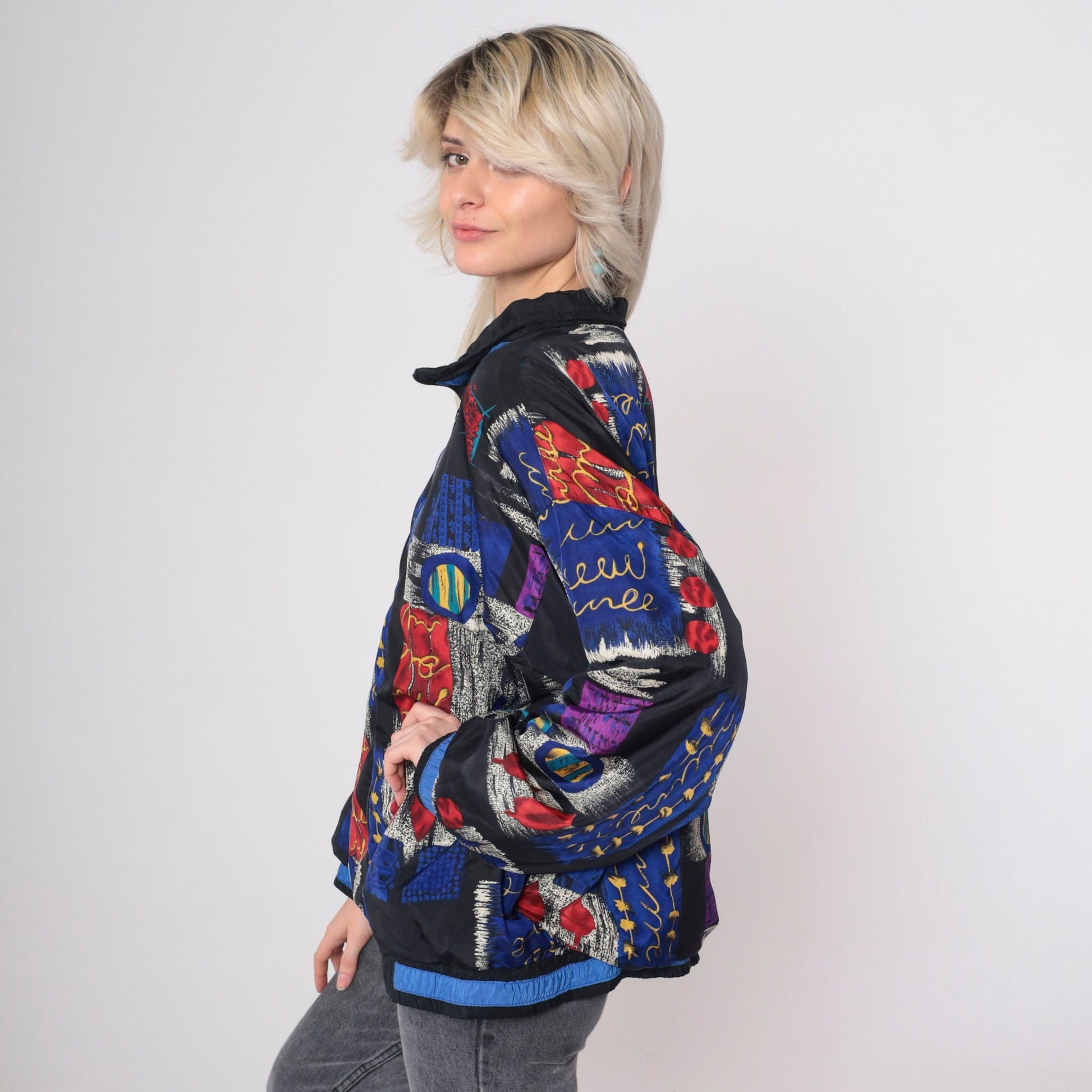 90s Patchwork Windbreaker Black Checkered Abstract Full Zip Jacket Medium
