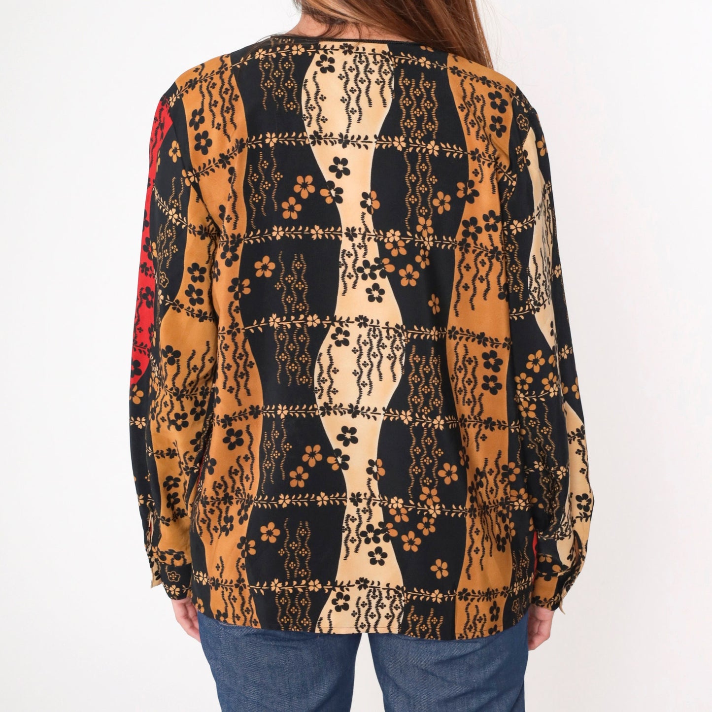 90s Jordan Floral Button-Up Blouse Hidden Buttons Long Sleeve Black Red Brown Large