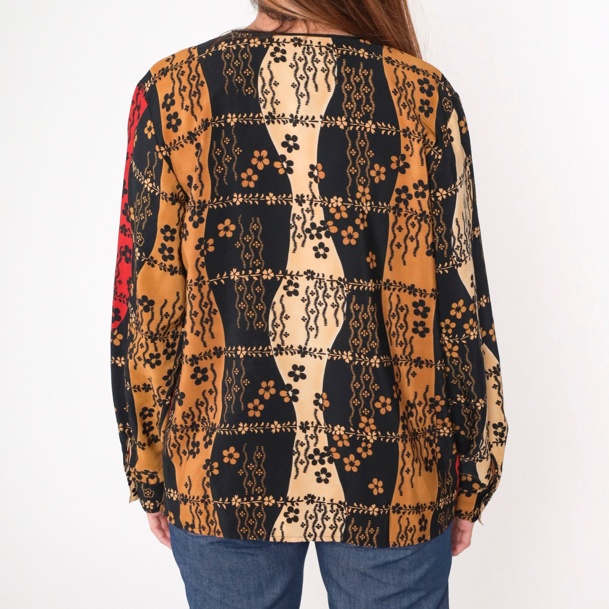 90s Jordan Floral Button-Up Blouse Hidden Buttons Long Sleeve Black Red Brown Large