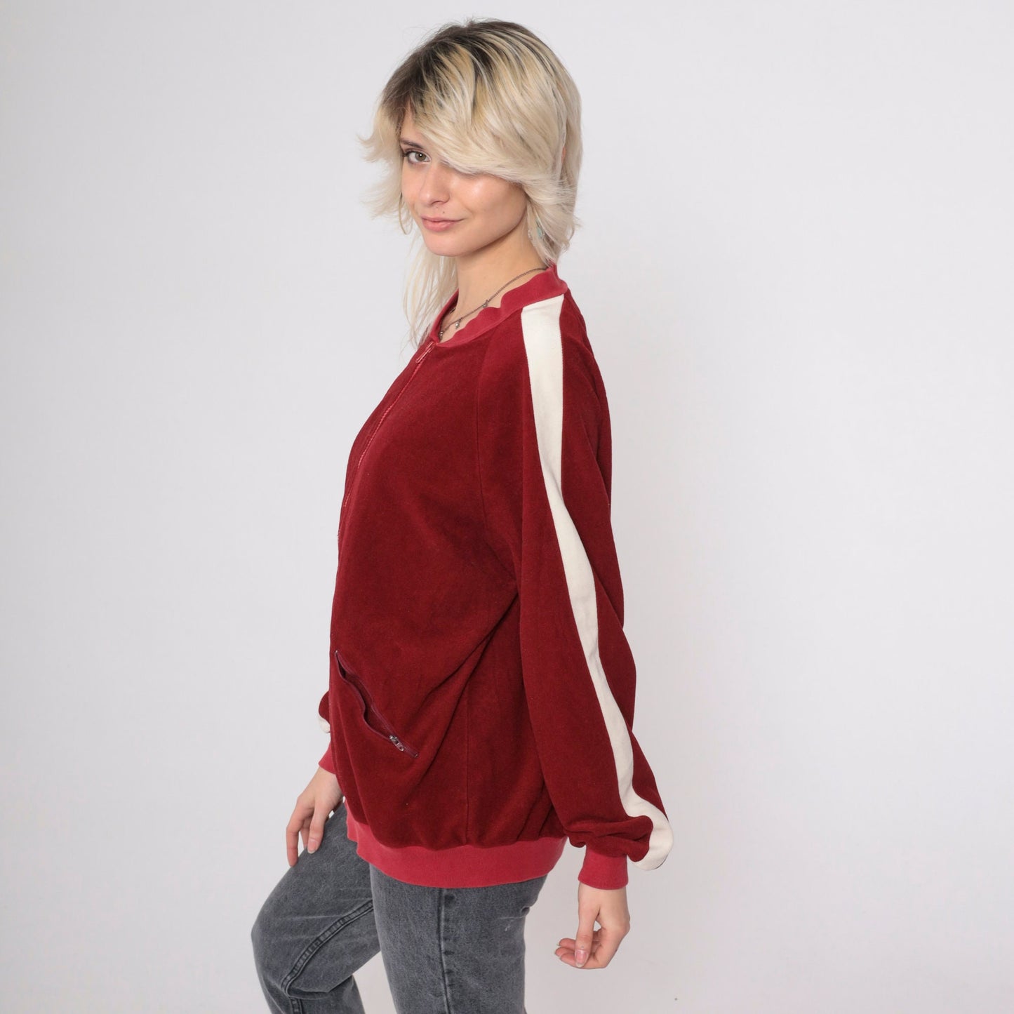 80s Lee Velour Track Jacket Burgundy Striped Zip Up Extra Large XL