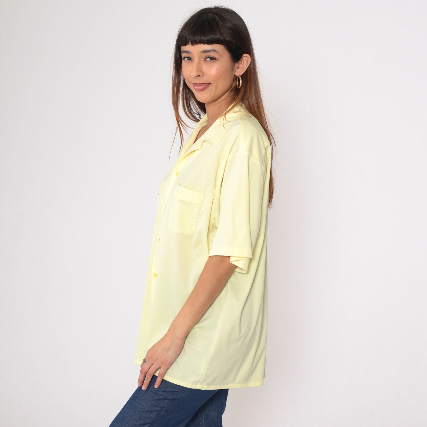 80s Yellow Button-Up Shirt Men's Extra Large Chest Pocket Short Sleeve
