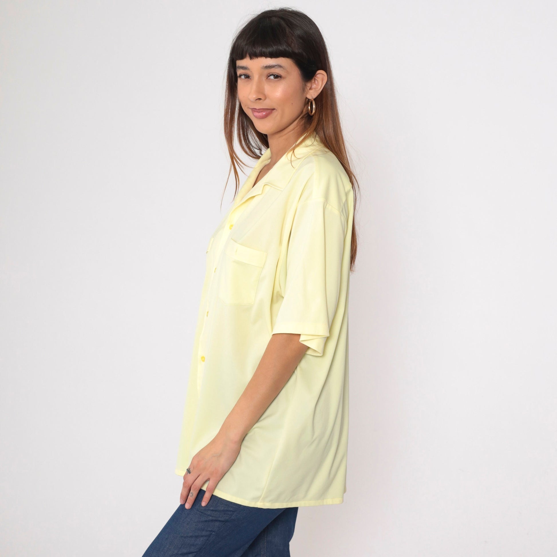 80s Yellow Button-Up Shirt Men's Extra Large Chest Pocket Short Sleeve