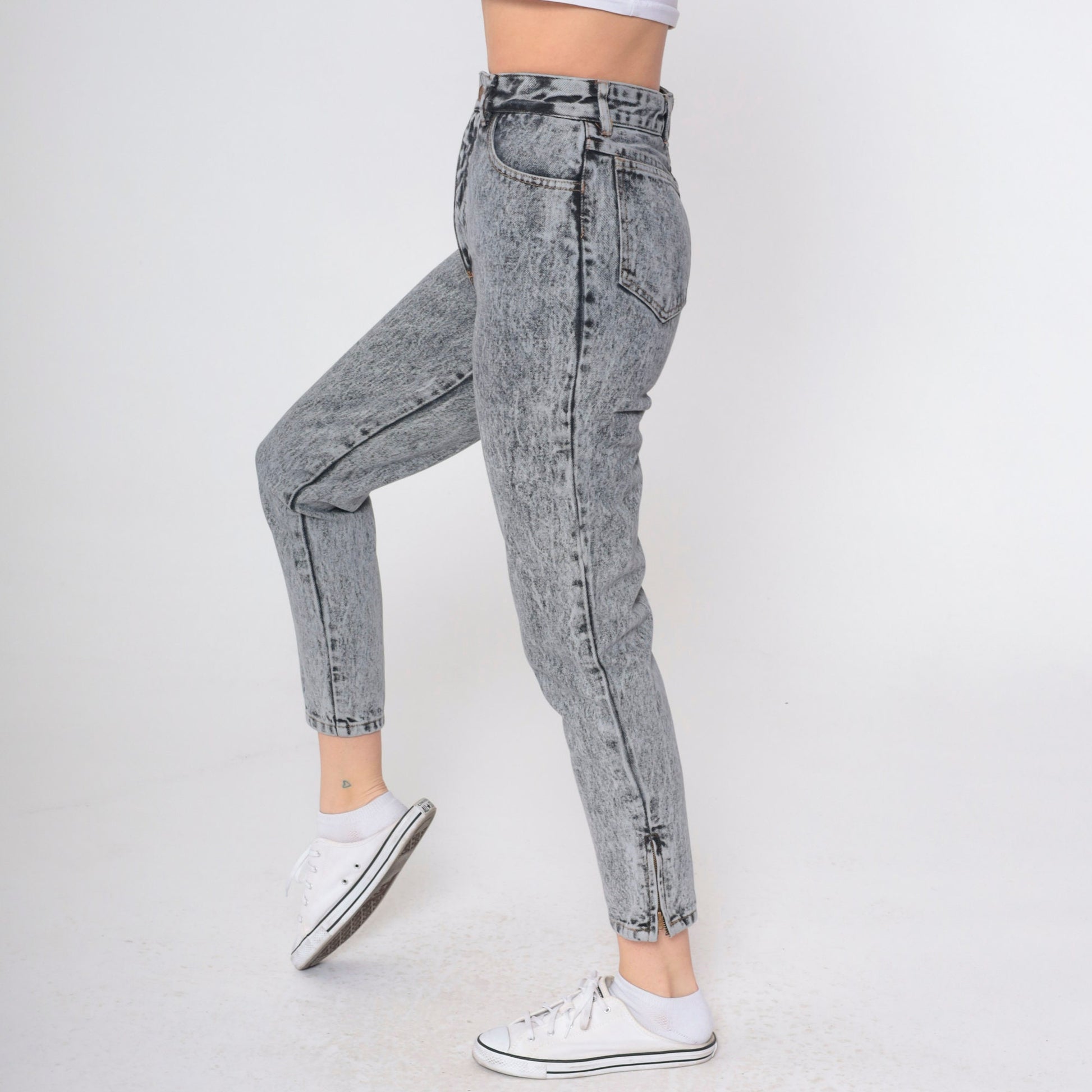 90s Bongo Acid Wash High-Waist Tapered Jeans Grey Denim Extra Small
