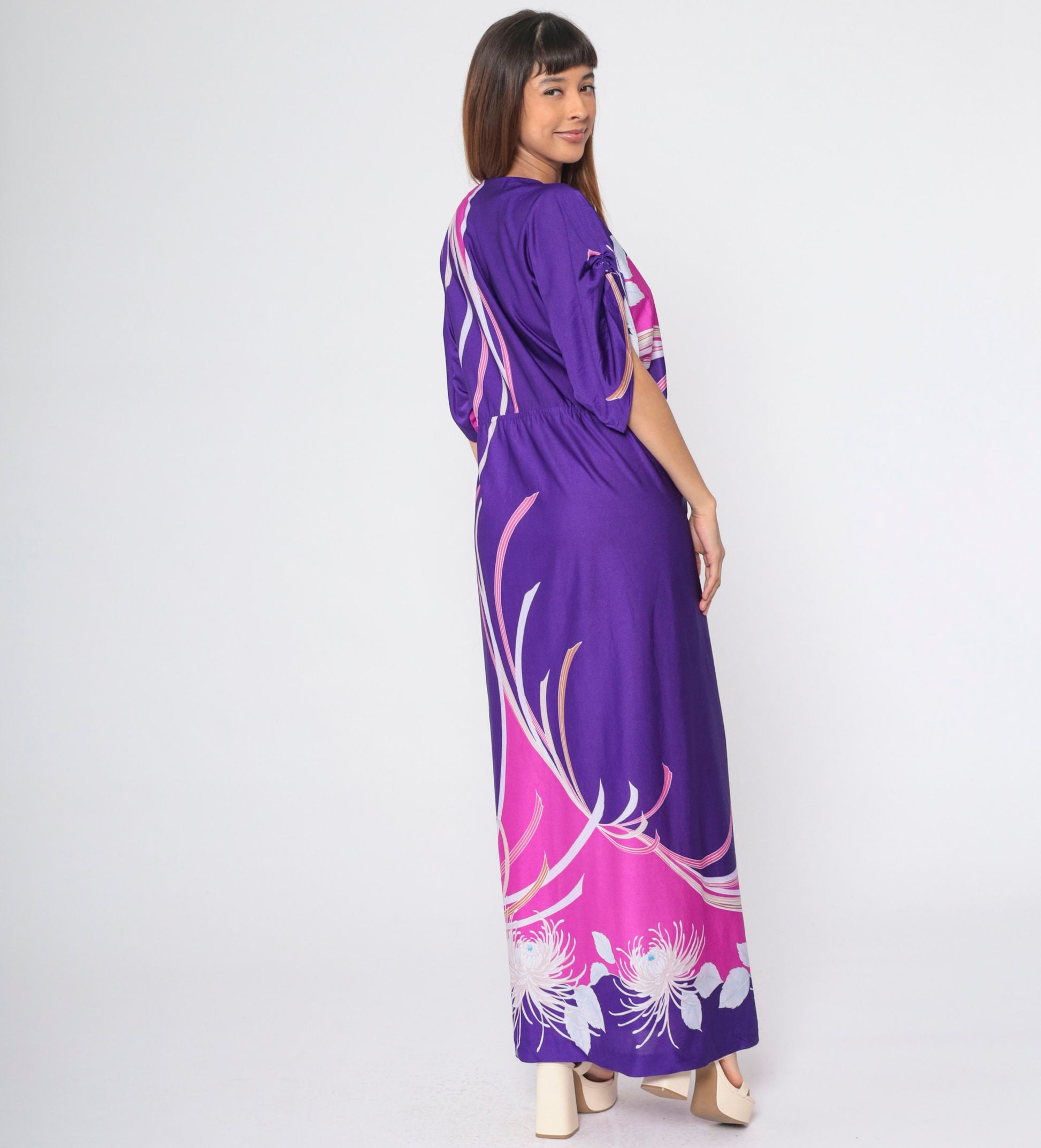 70s Purple Floral Hawaiian Maxi Dress Faux Wrap Ruched Sleeve Medium