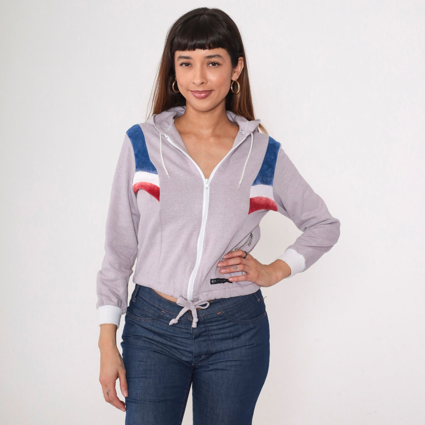 80s Aspen Hooded Track Jacket Grey Velour Striped Zip-Up Hoodie Small