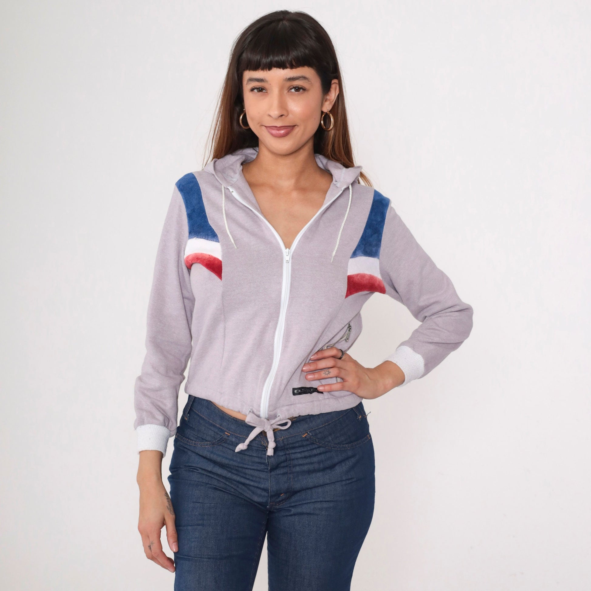 80s Aspen Hooded Track Jacket Grey Velour Striped Zip-Up Hoodie Small