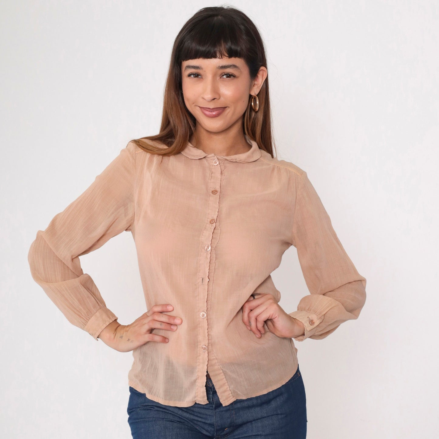 70s Tan Gauze Blouse Peter Pan Collar Button Up Long Sleeve Small