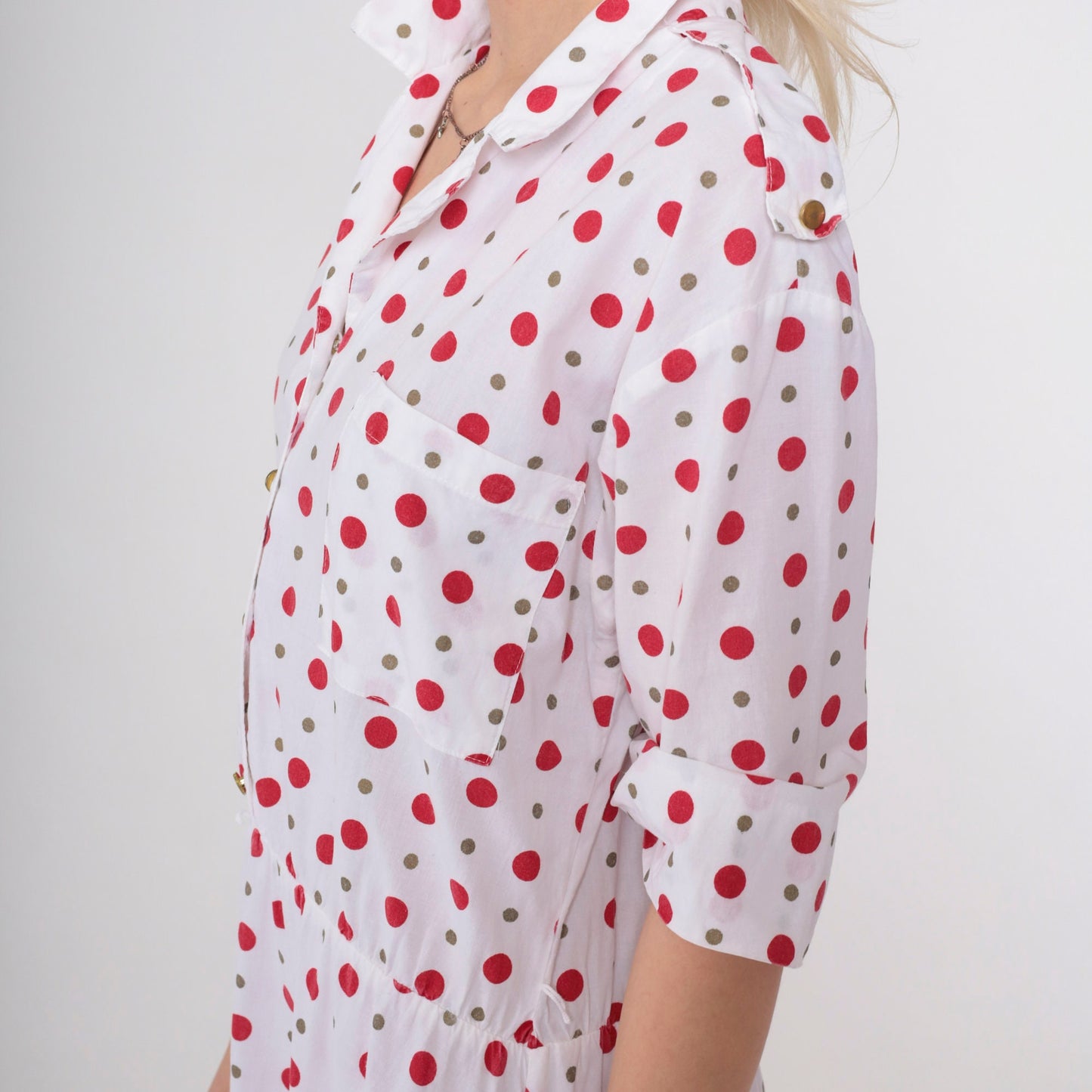 80s Polka Dot Button-Up Midi Dress White Red Short Sleeve Low Waist Medium