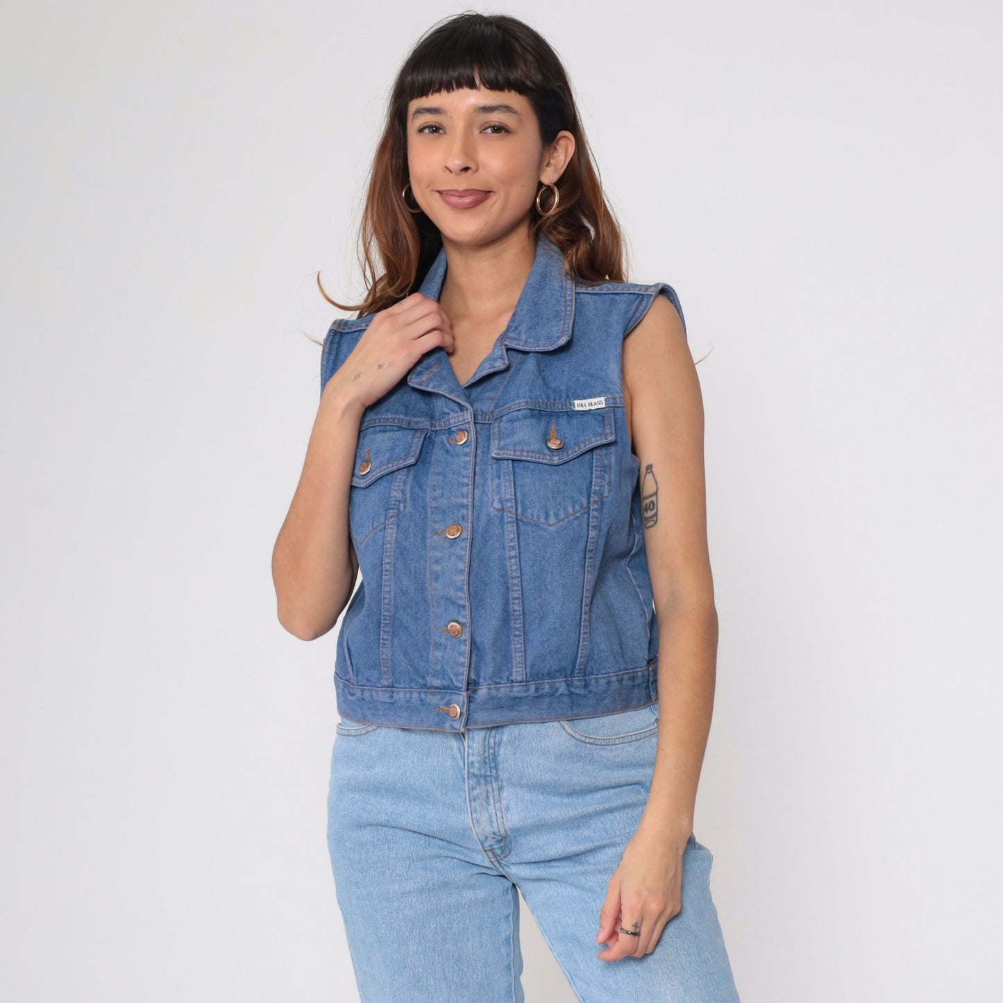 90s Bill Blass Cropped Denim Vest Blue Jean Sleeveless Button-Up Medium
