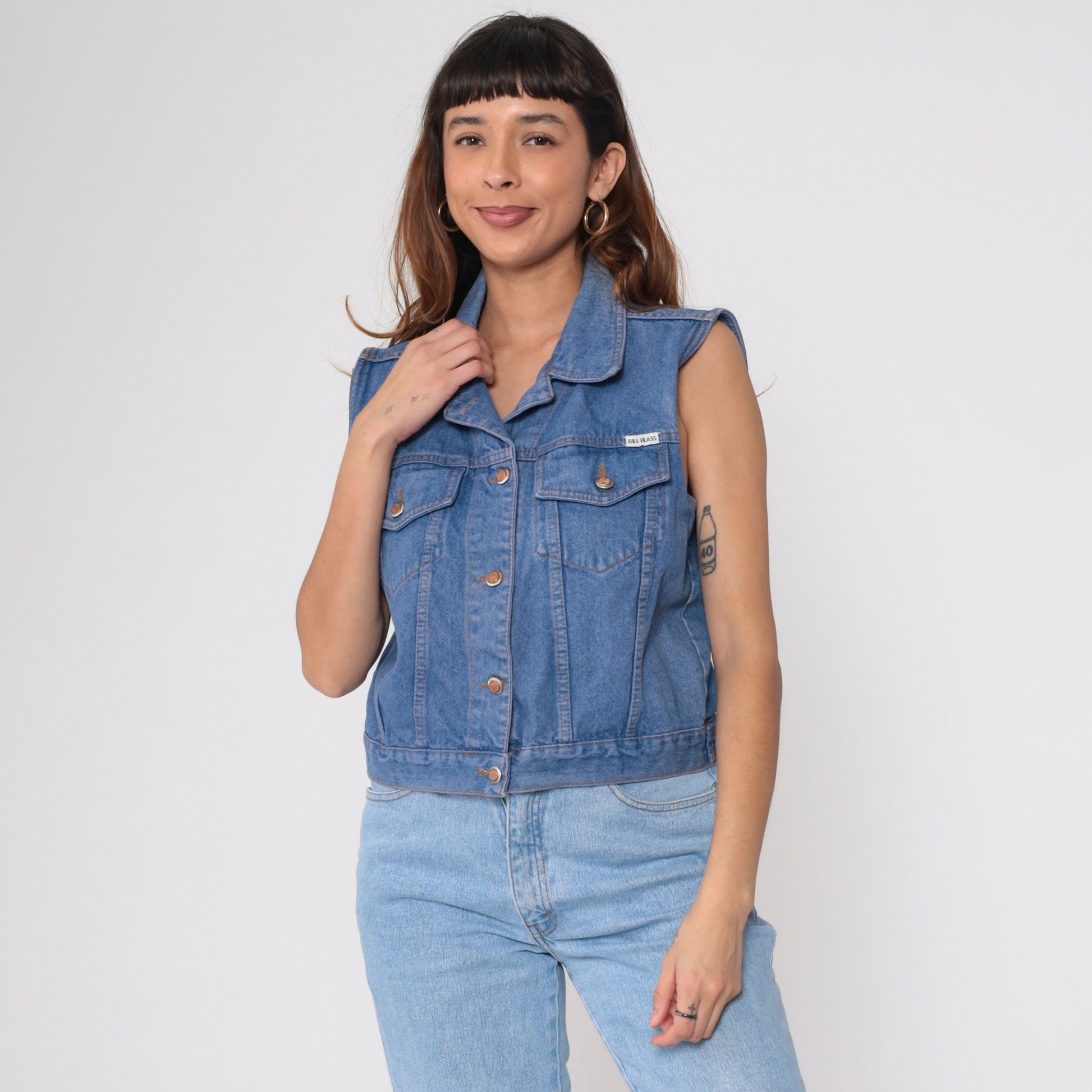 90s Bill Blass Cropped Denim Vest Blue Jean Sleeveless Button-Up Medium