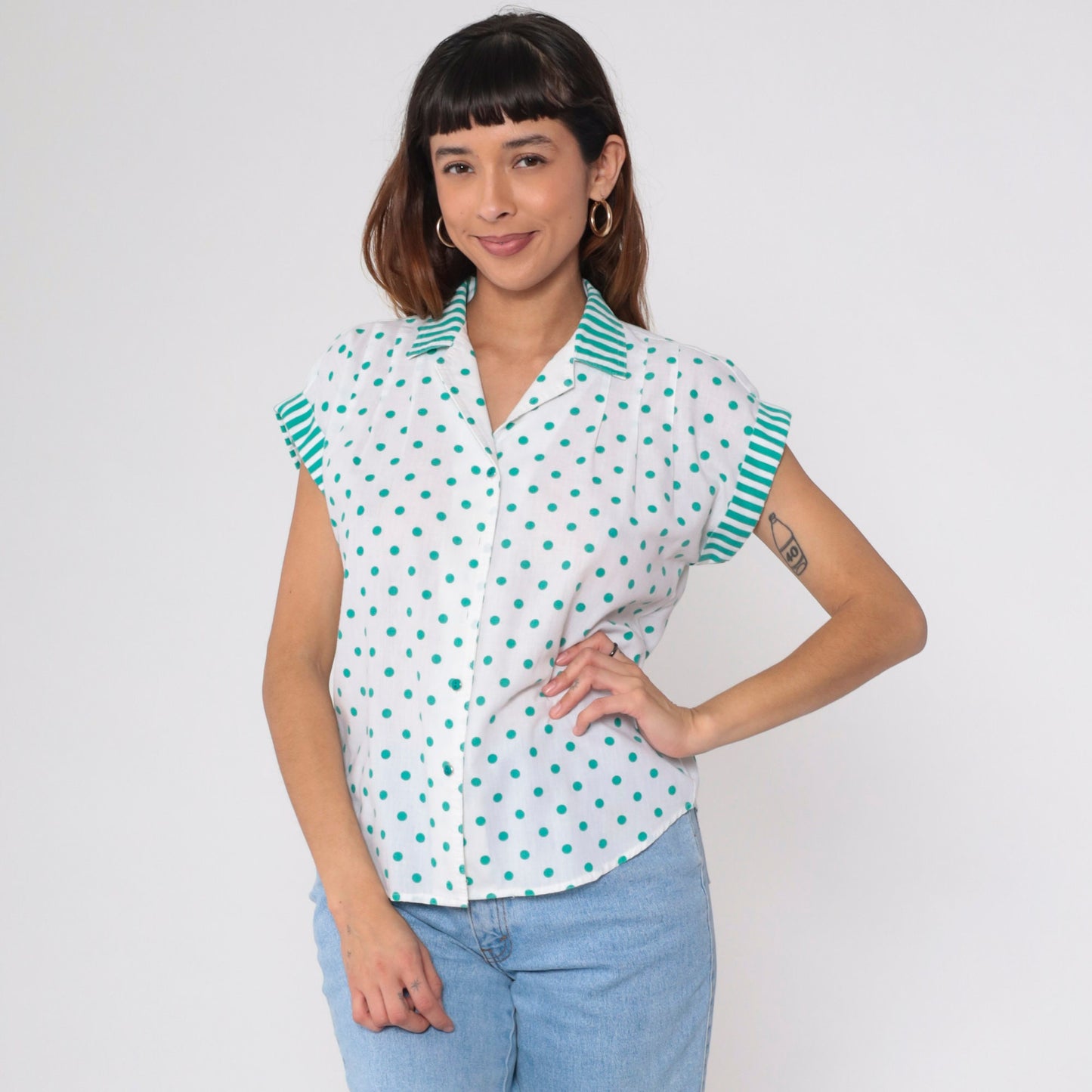 80s White Polka Dot Blouse Green Striped Collar Button Up Cap Sleeve Medium