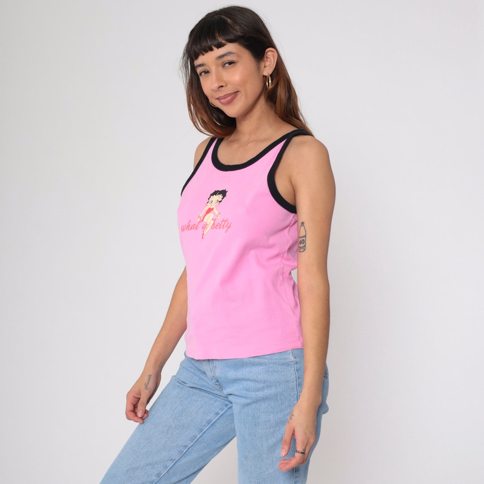 00s Betty Boop Tank Top 'What A Betty' Glitter Graphic Pink Black Ringer Medium