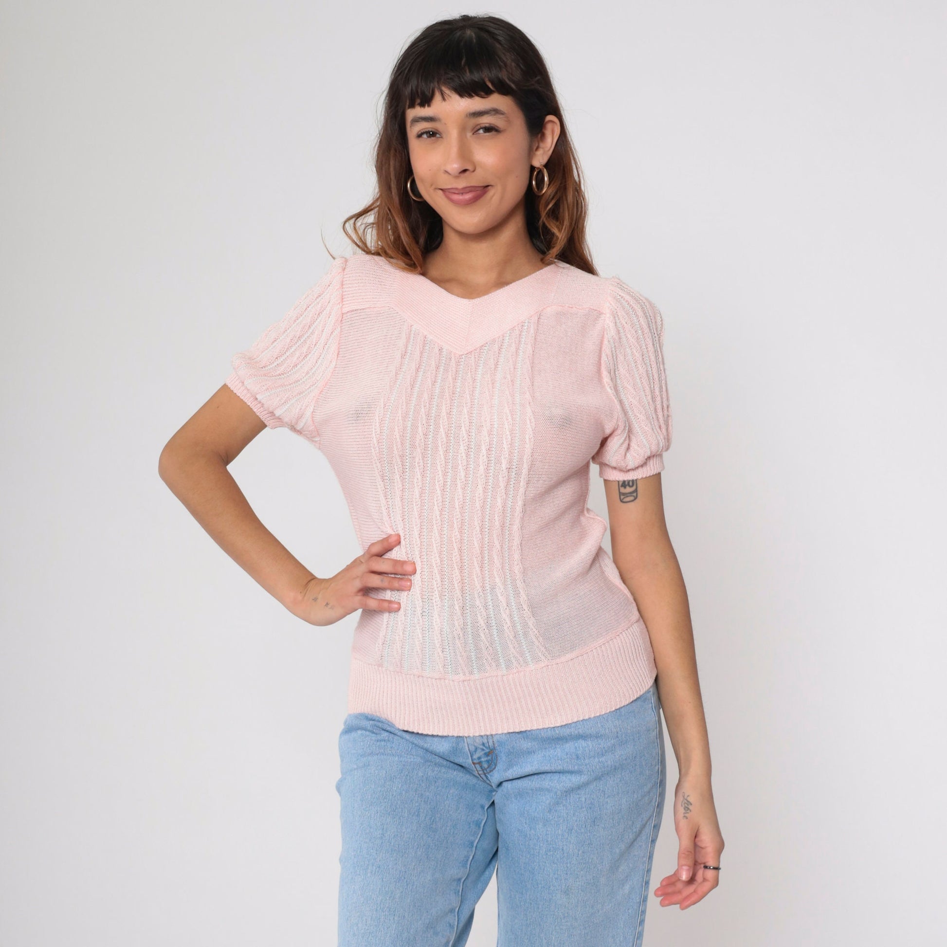 80s Baby Pink Knit Top Puff Sleeve Textured Stripe Extra Small