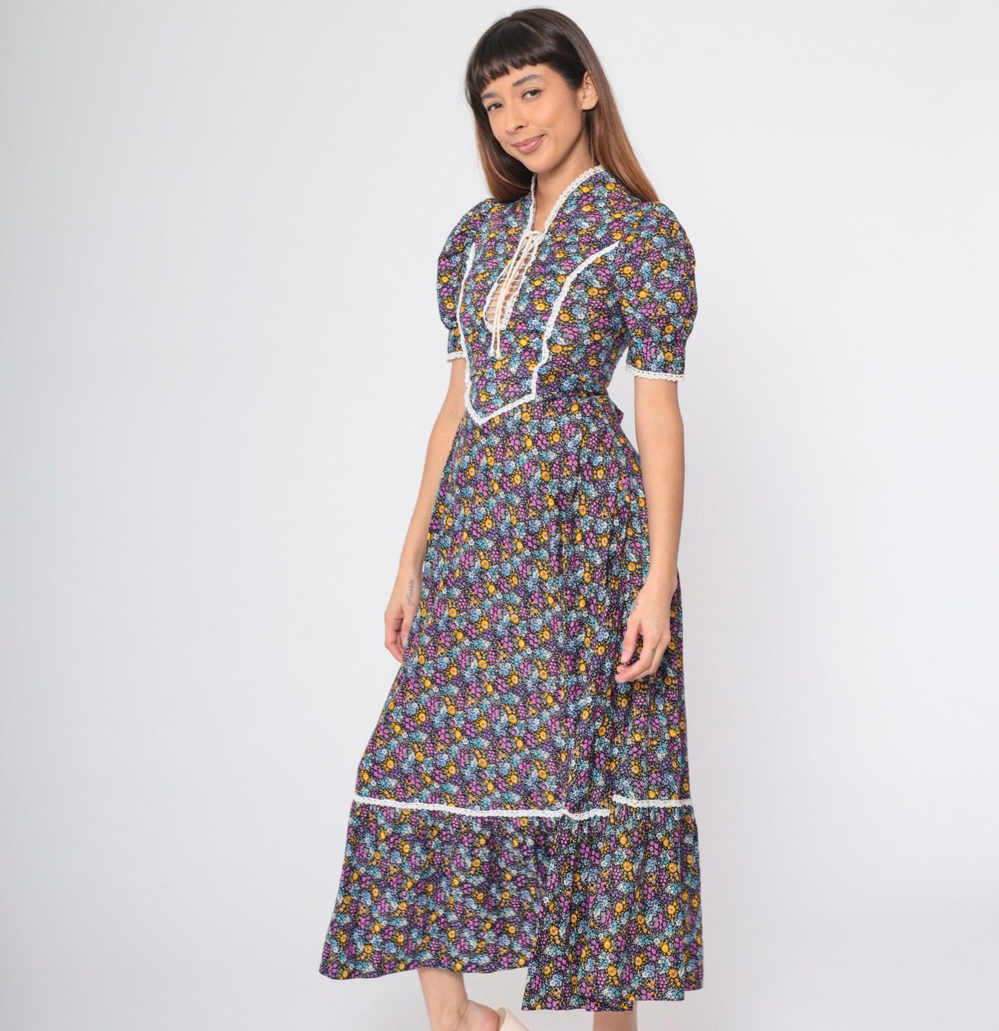 70s Calico Floral Maxi Dress Lace-Up Puff Sleeve Prairie Ankle Length XS