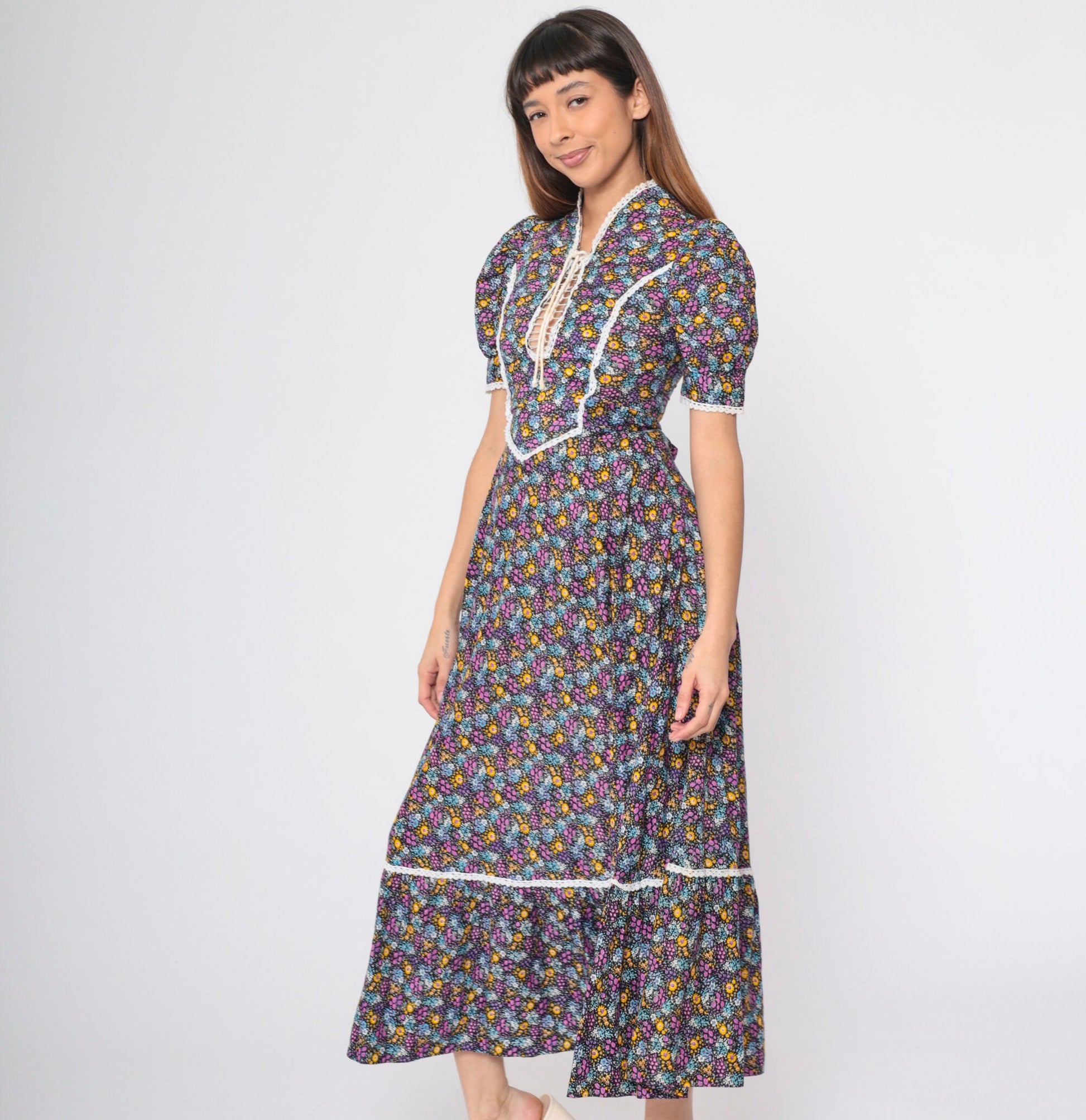70s Calico Floral Maxi Dress Lace-Up Puff Sleeve Prairie Ankle Length XS