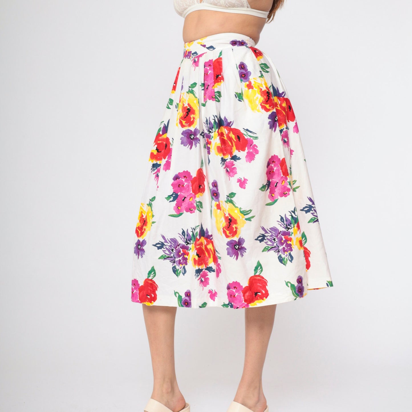90s Worthington White Floral Pleated Midi Skirt High Waist Pockets Small