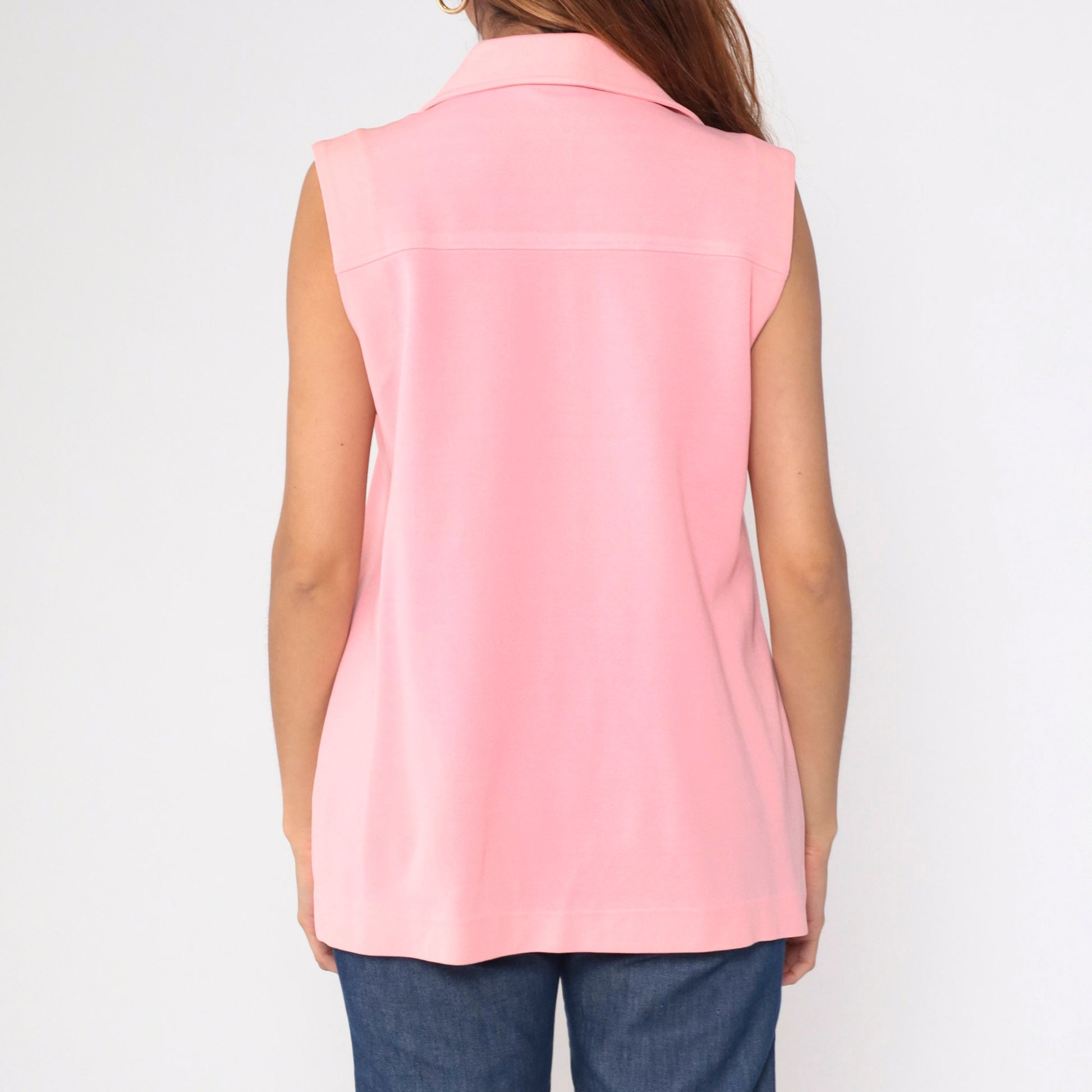 70s Pink Wing Collar Tank Top Button-Up Blouse Longline Large L