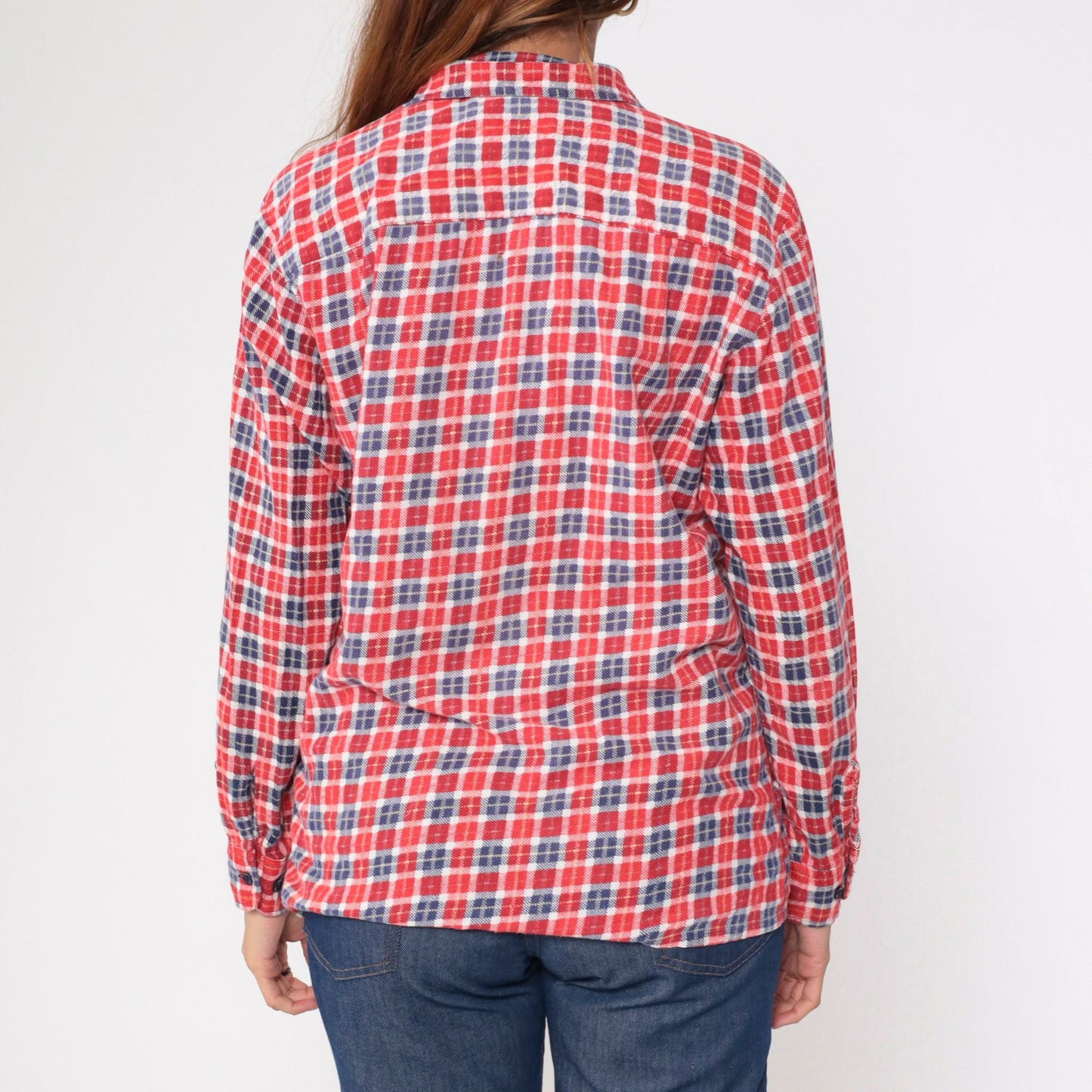 90s Red White Blue Plaid Flannel Shirt Cotton Button-Up Medium