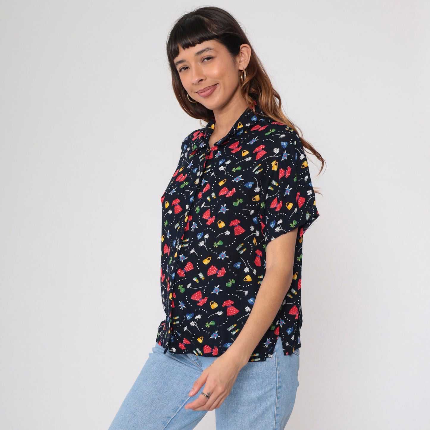 90s Fashion Print Black Button-Up Blouse Floral Purse Dress Graphic Medium Large