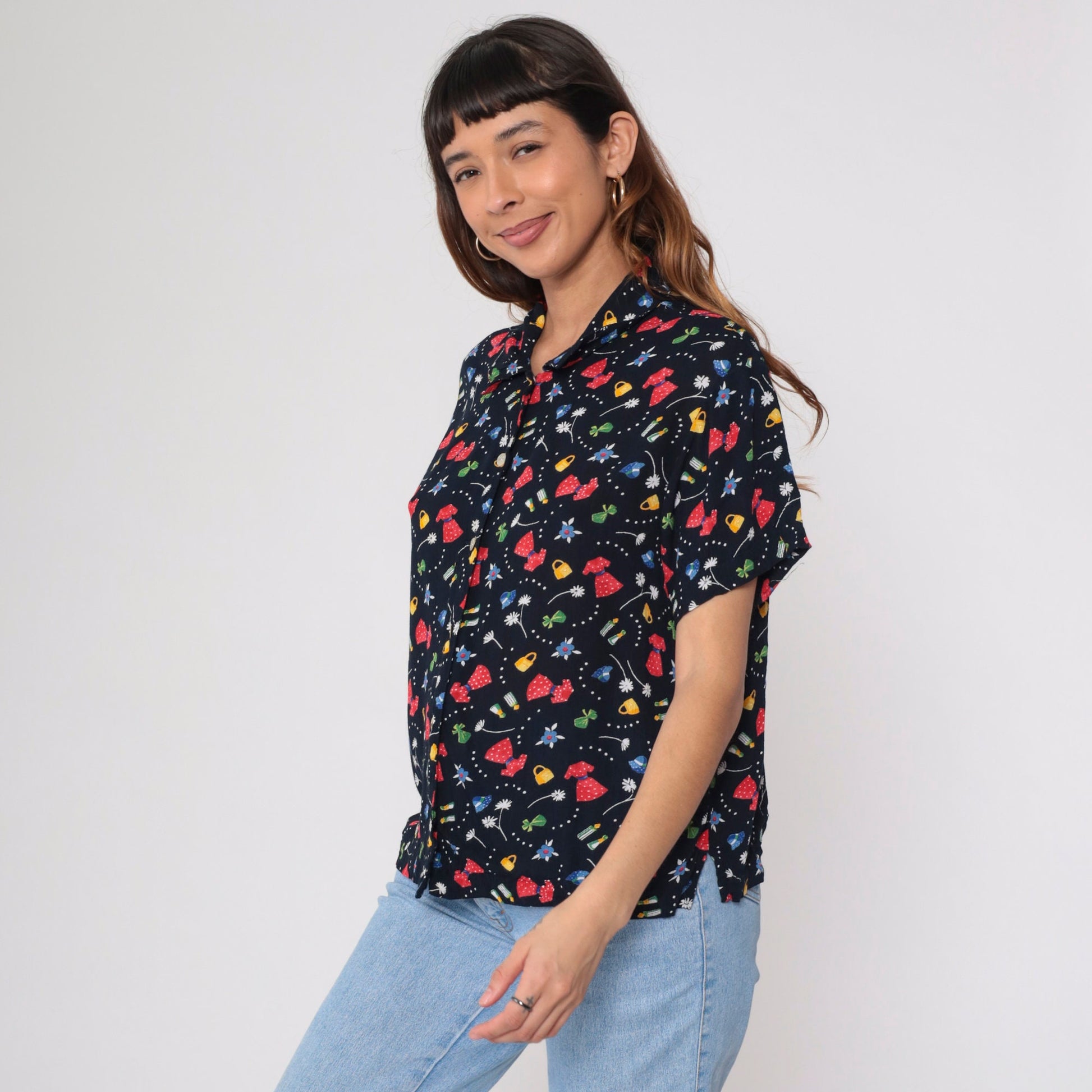 90s Fashion Print Black Button-Up Blouse Floral Purse Dress Graphic Medium Large