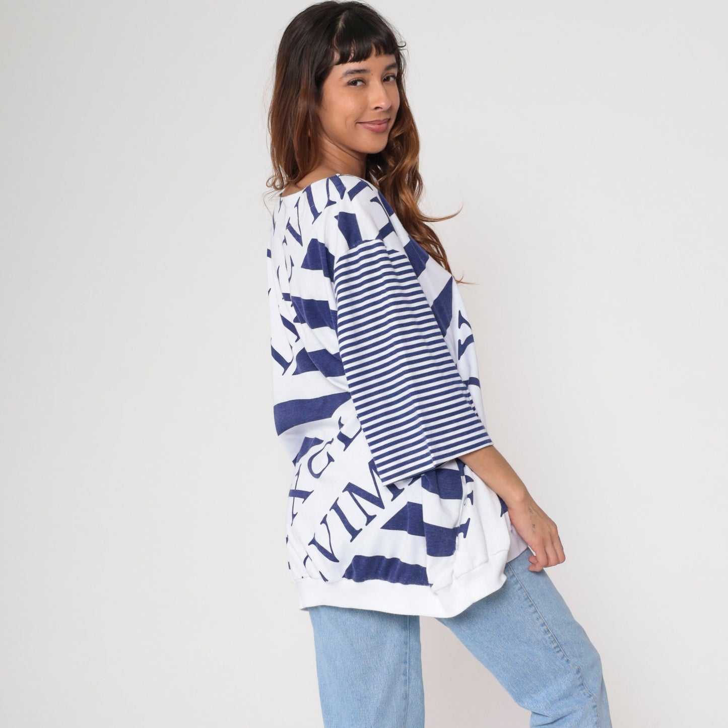 80s Roman Numerals Alphabet Graphic Tee Striped Sleeves White Blue Plus Size XXL