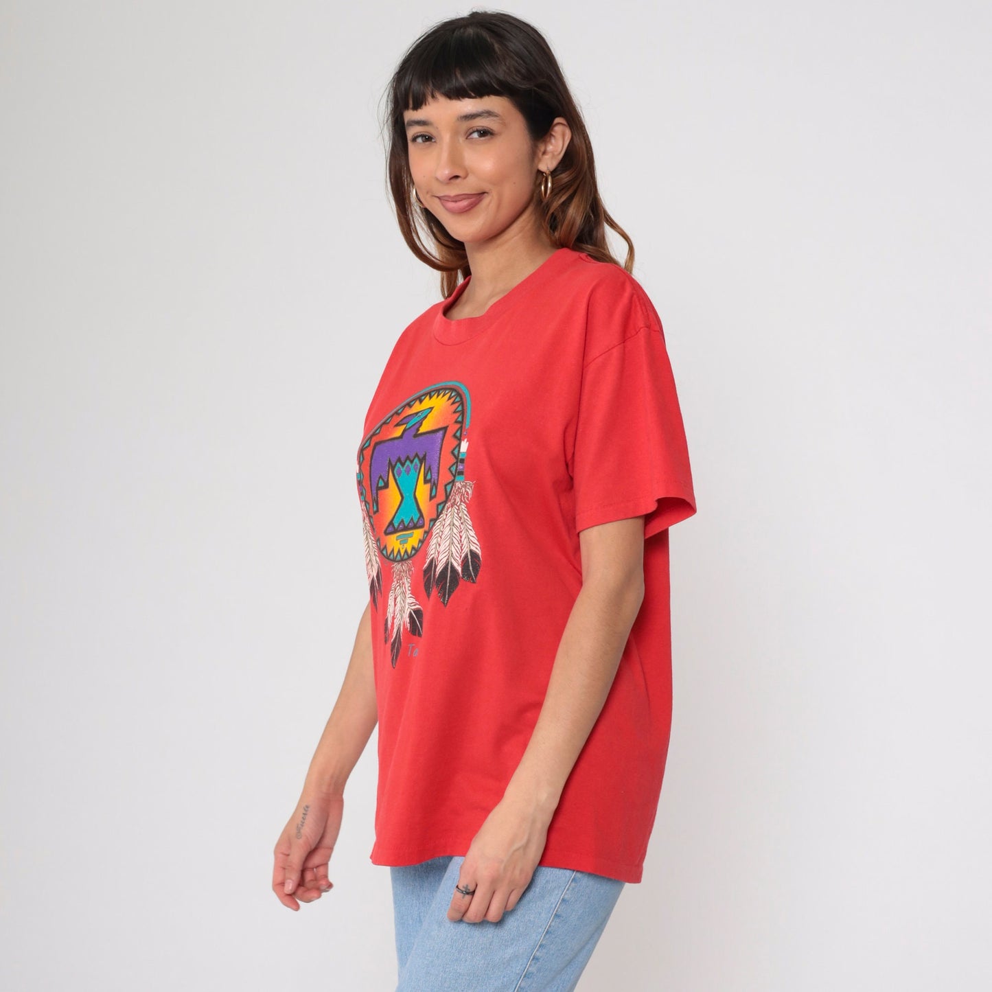 90s Taos New Mexico Eagle Graphic Tee Red Glitter Native American Large L