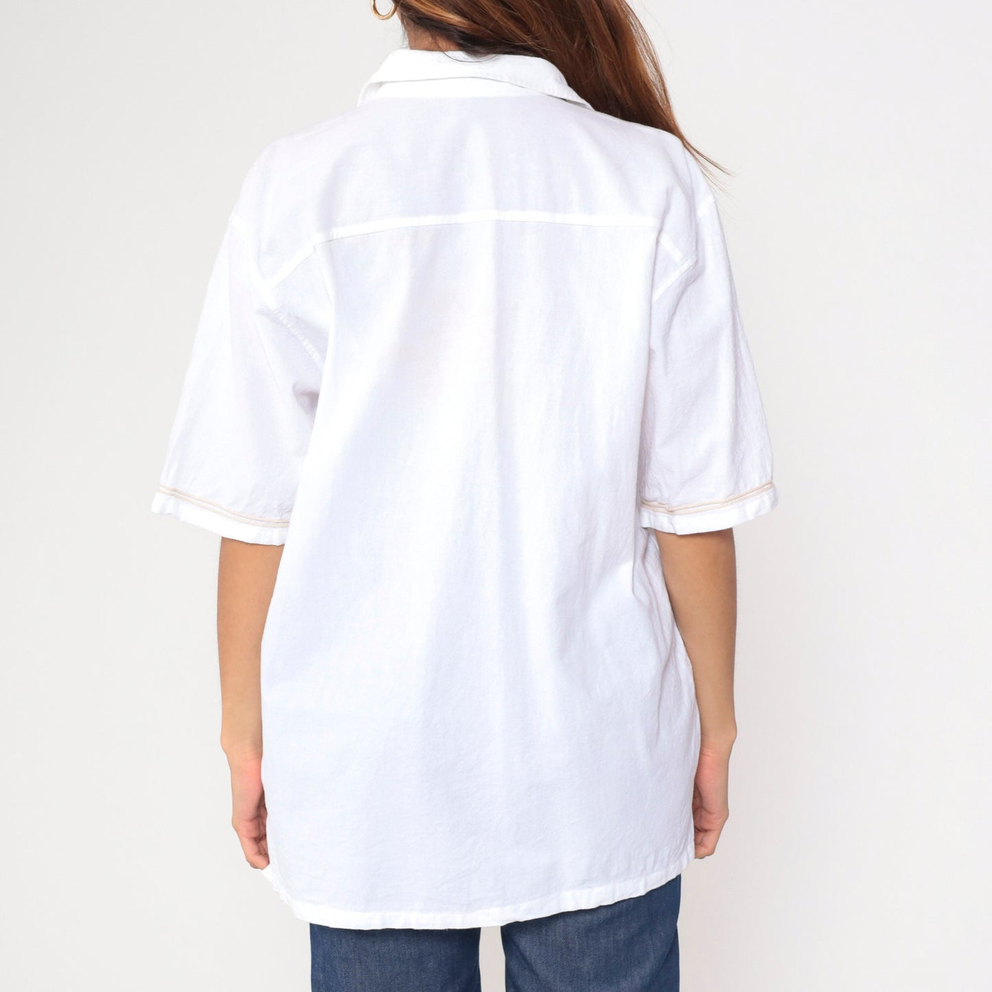 90s White Geometric Embroidered Button-Up Shirt Short Sleeve Medium