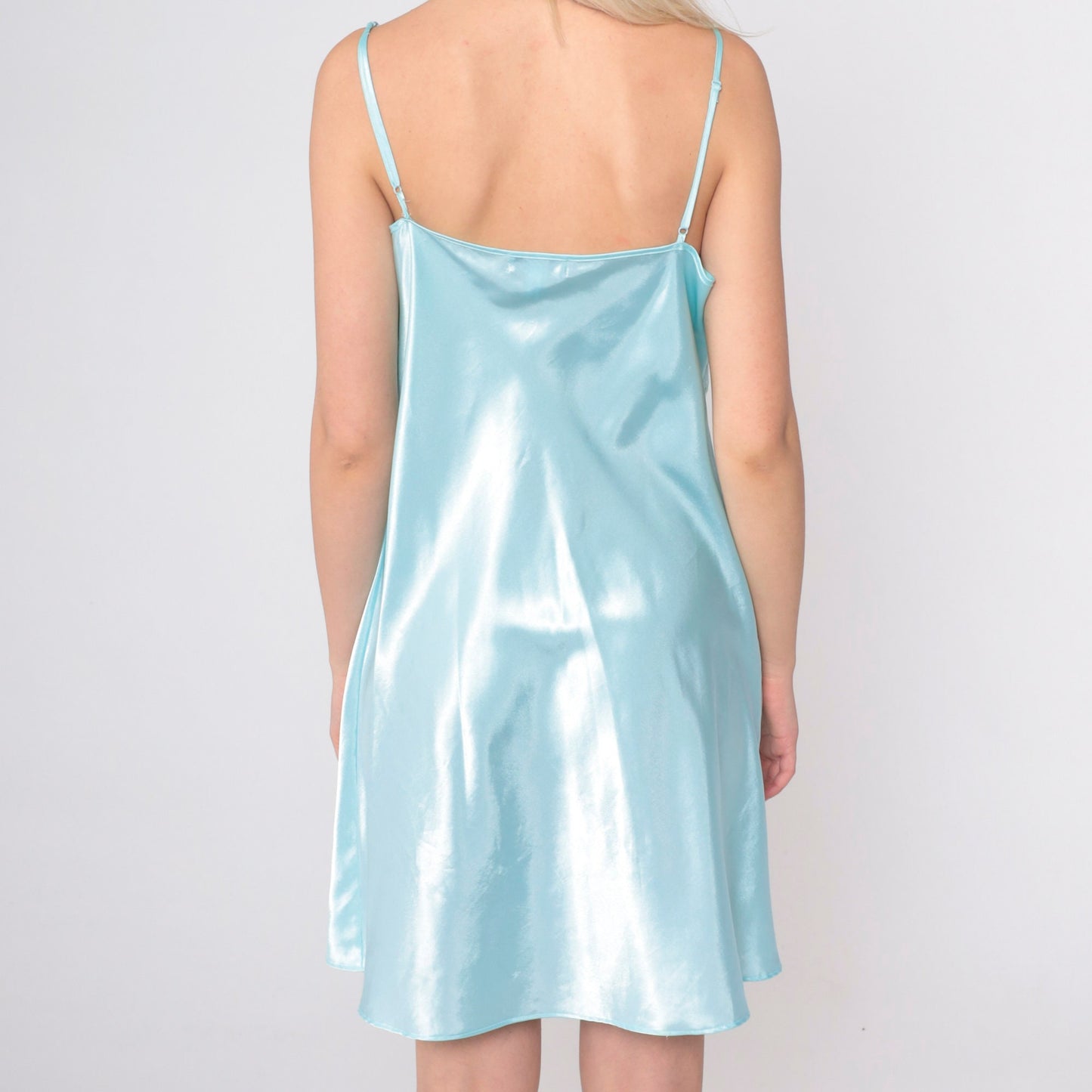 90s Aqua Floral Lace Satin Slip Dress Mini Nightgown Spaghetti Strap Large