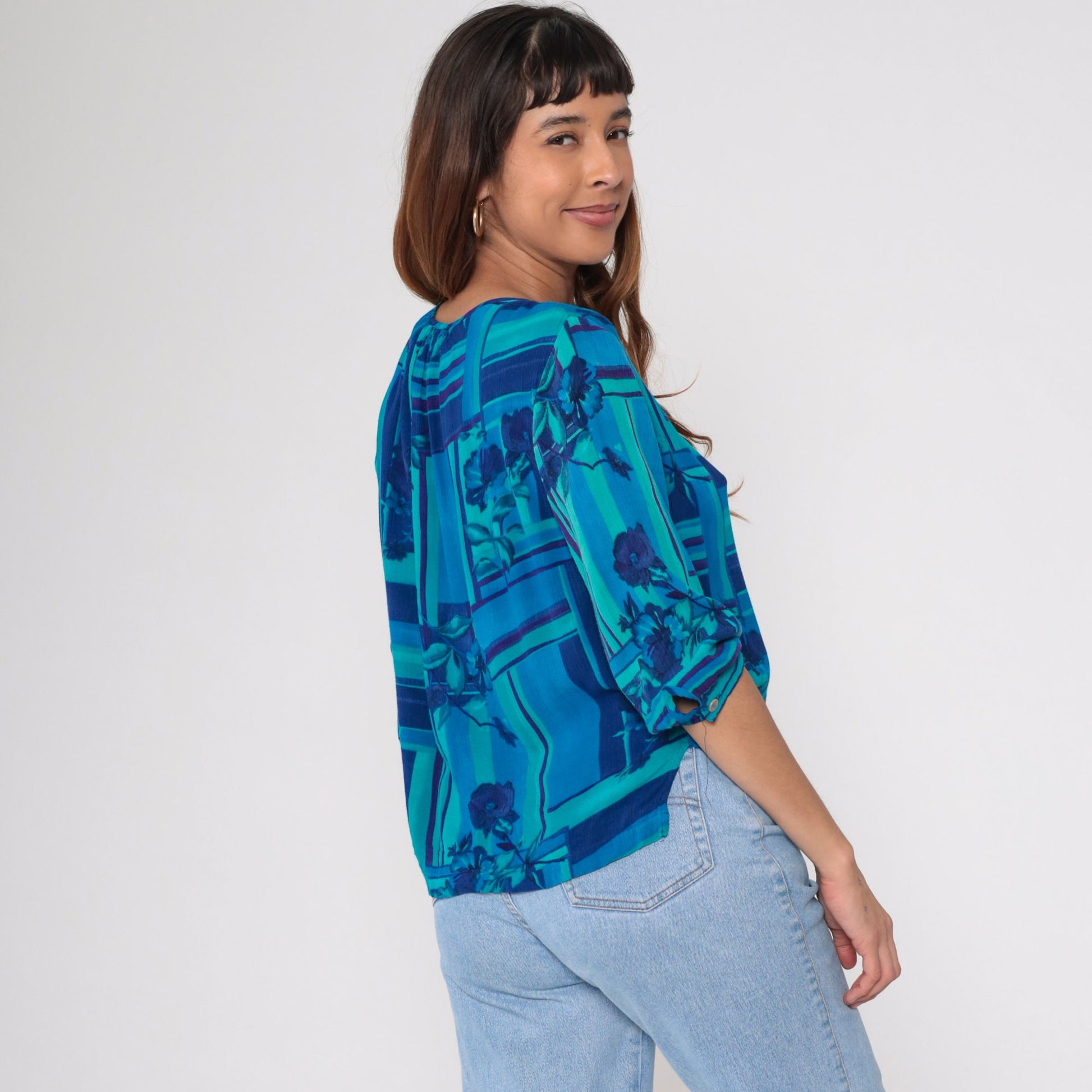 90s Dena Lauren Floral Blouse Tie Neck Blue Rayon 3/4 Sleeve Medium